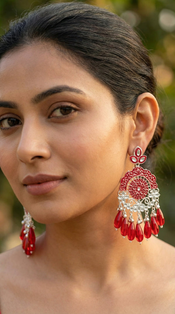 Silver-Plated Emerald Meenakari Chandbalis