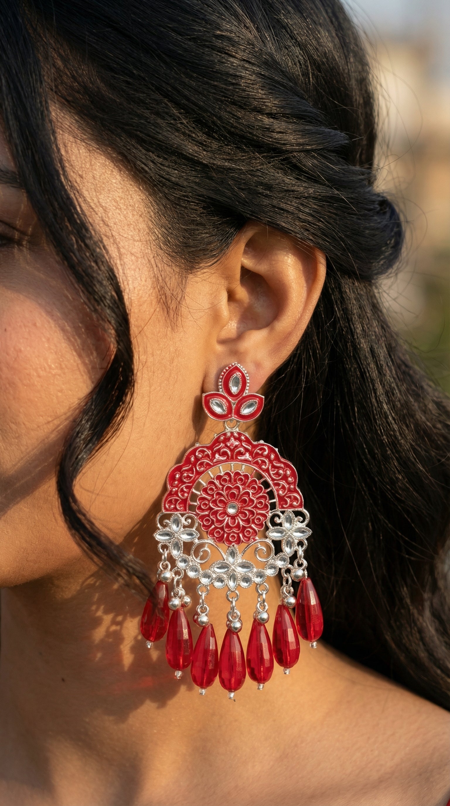 Silver-Plated Emerald Meenakari Chandbalis