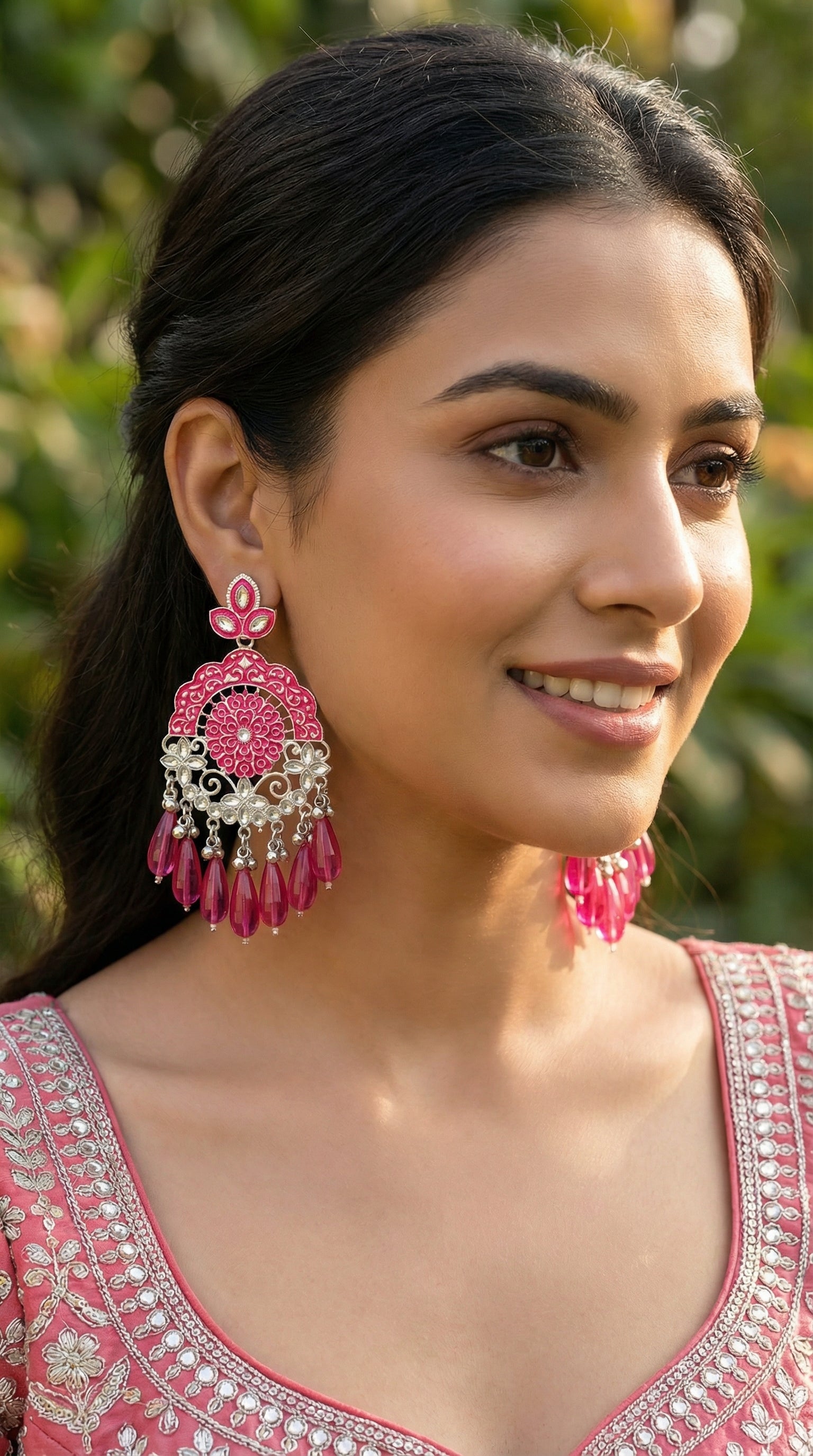 Silver-Plated Emerald Meenakari Chandbalis