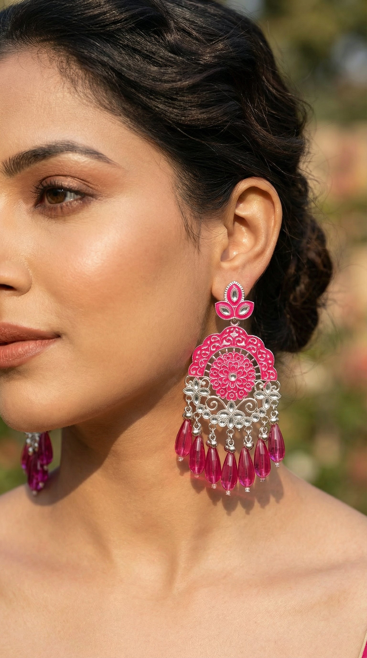 Silver-Plated Emerald Meenakari Chandbalis