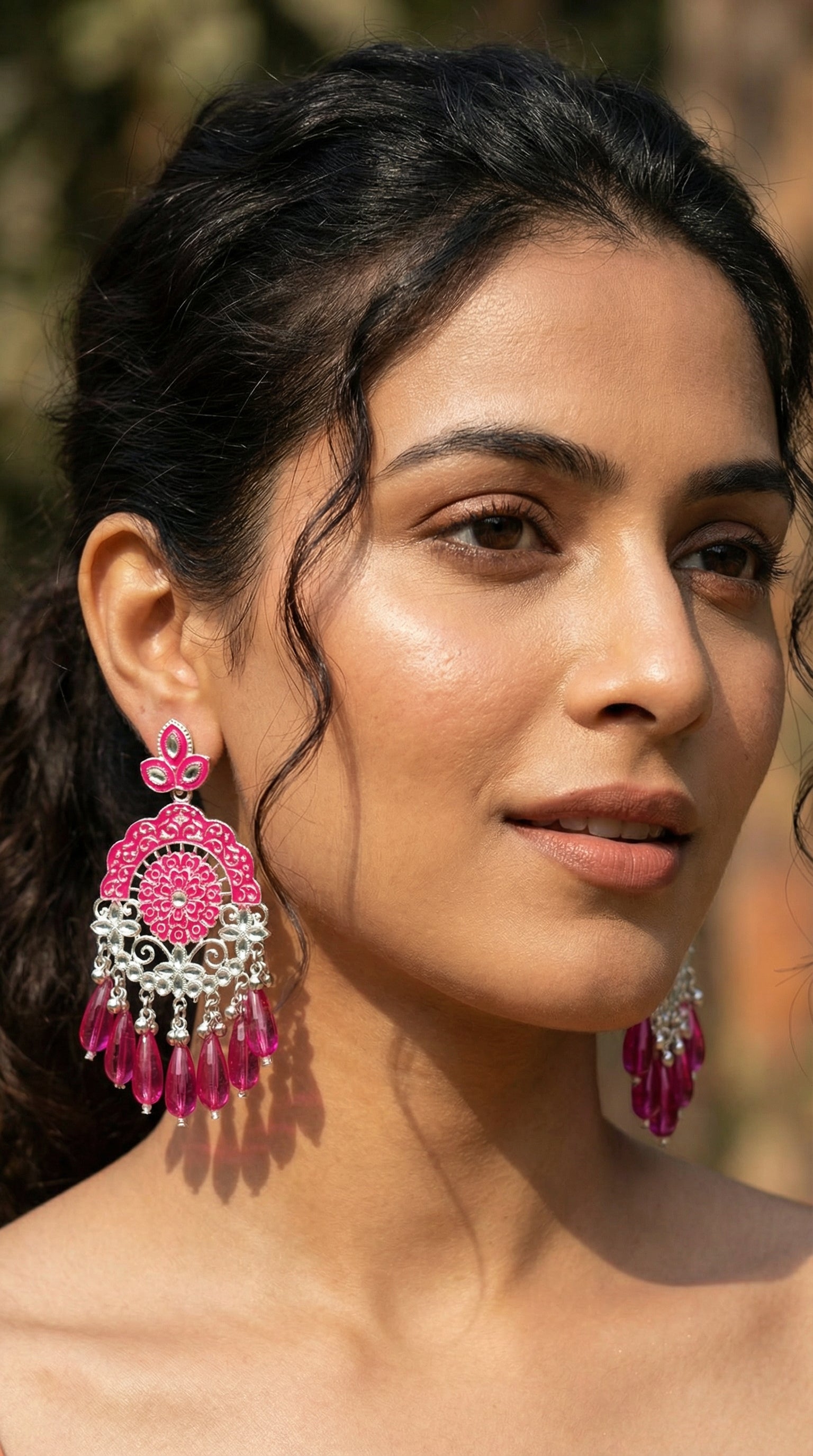 Silver-Plated Emerald Meenakari Chandbalis