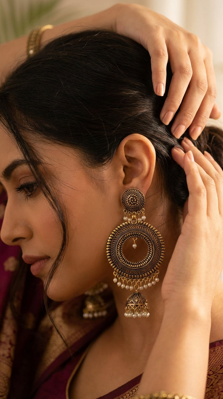 Antique Gold Circular Jhumka Earrings