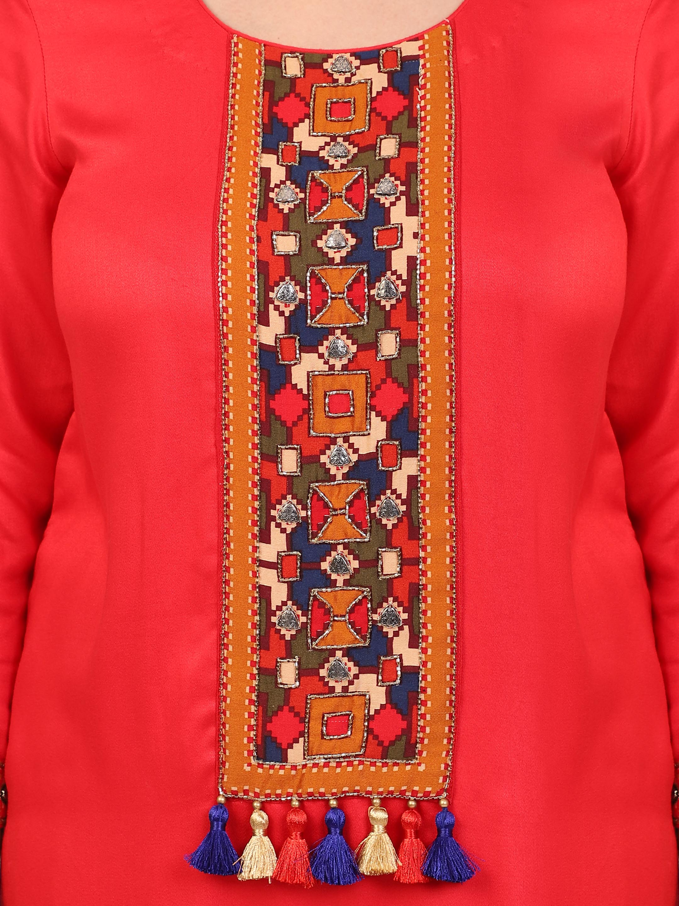 KURTA SET FEATURING HAND-EMBROIDERED FRONT, SLEEVES, AND DUPATTA-RED