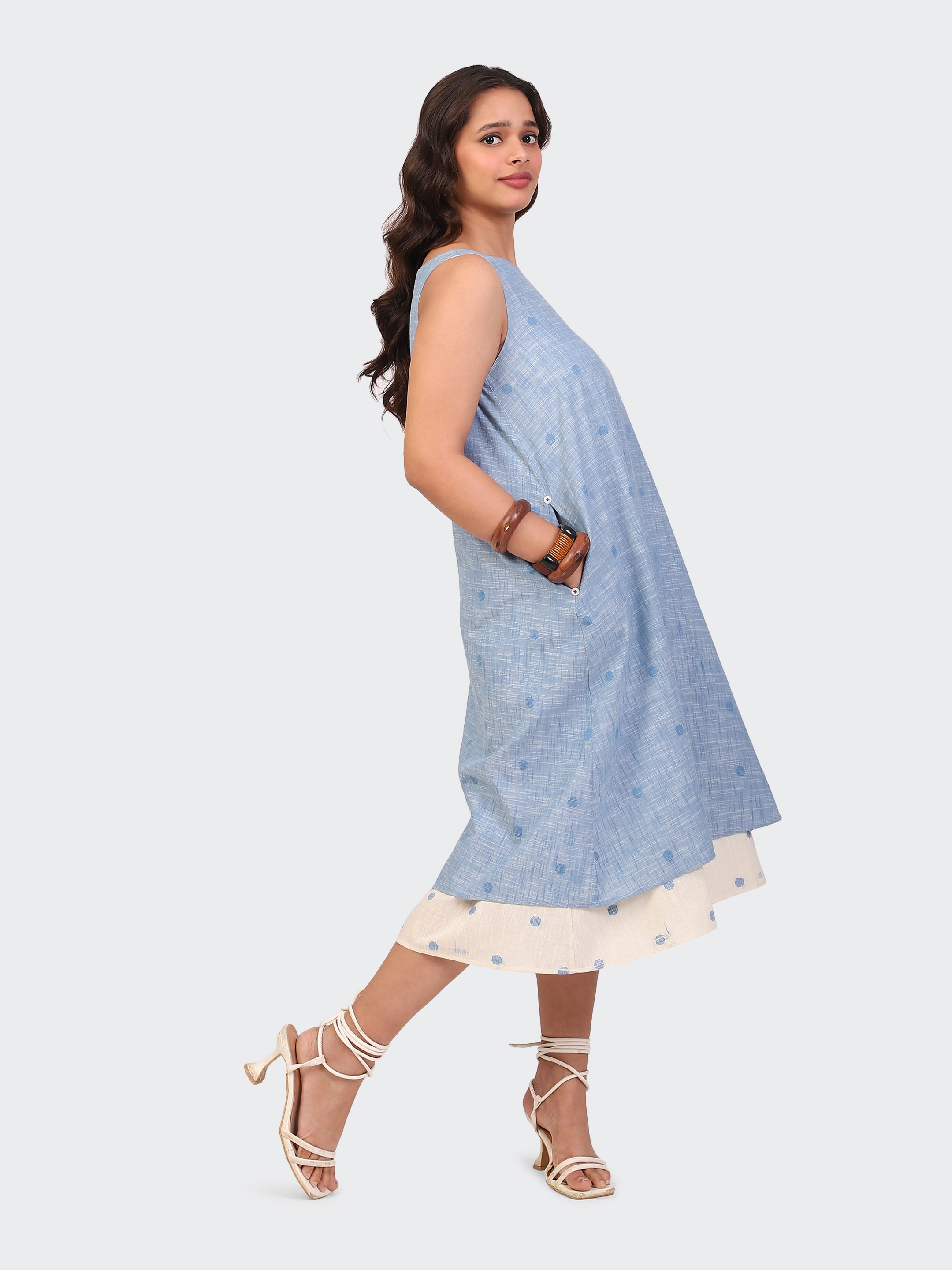 HANDLOOM COTTON DOUBLE-LAYER DRESS-BLUE