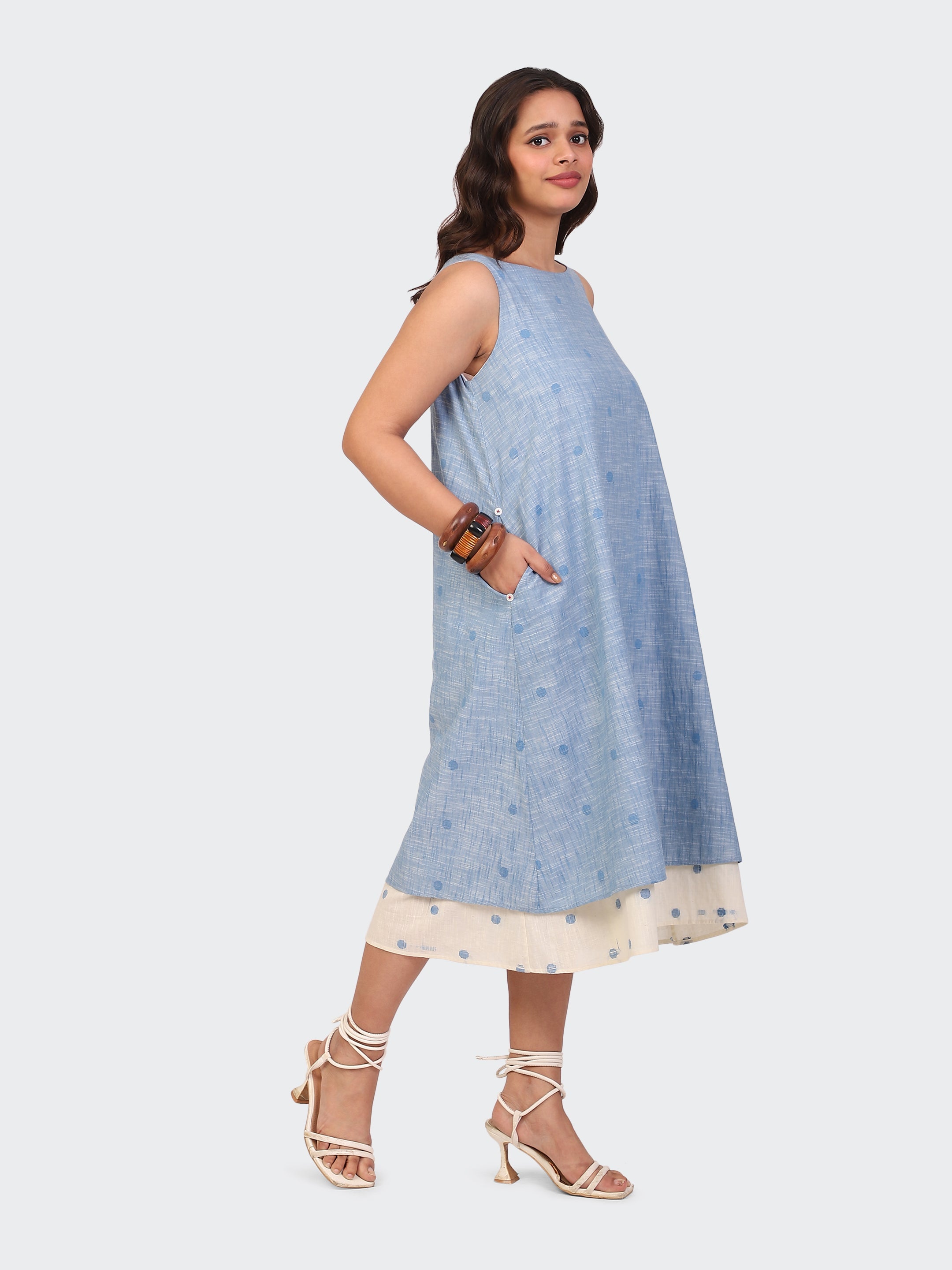 HANDLOOM COTTON DOUBLE-LAYER DRESS-BLUE