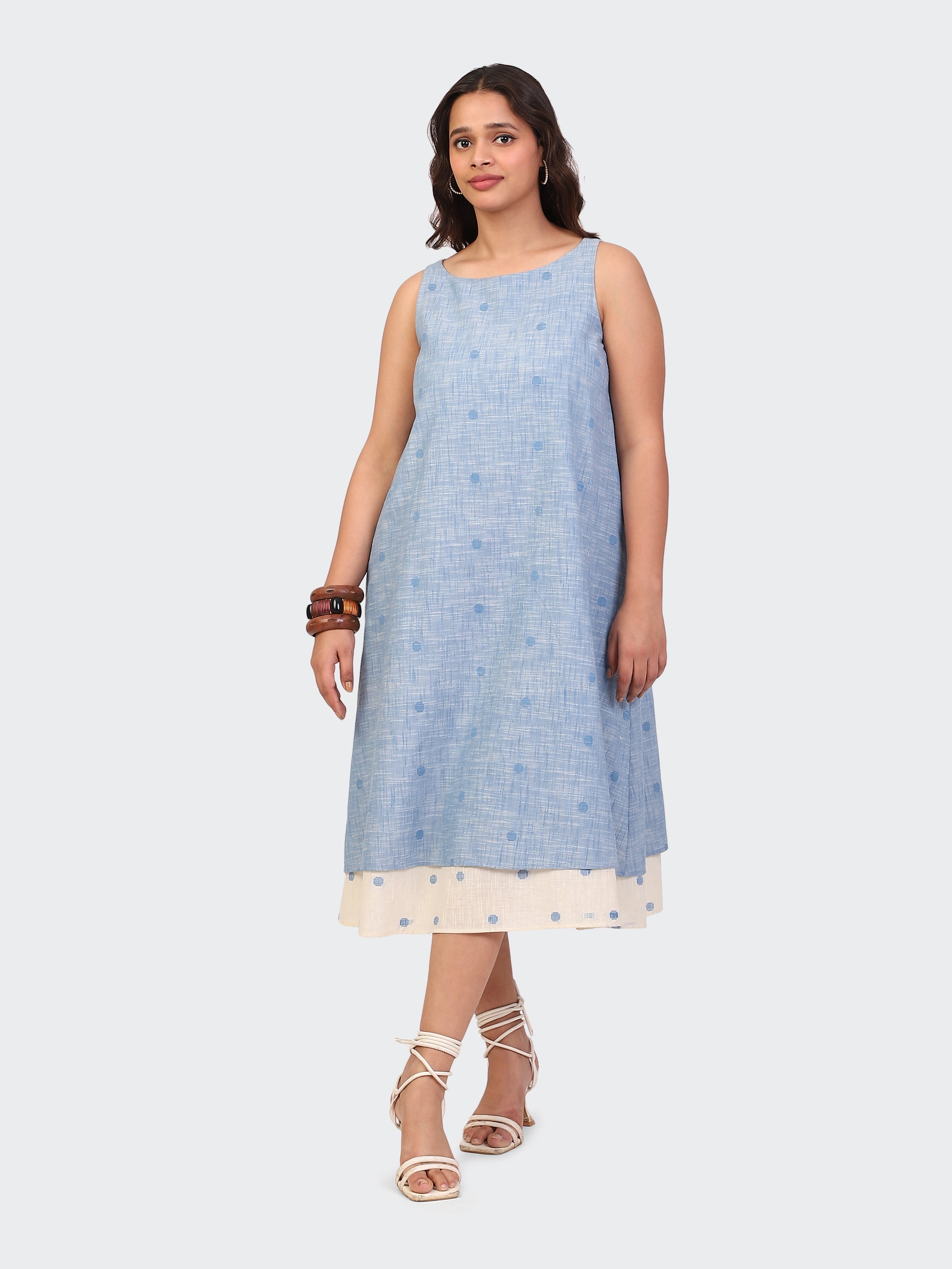 HANDLOOM COTTON DOUBLE-LAYER DRESS-BLUE