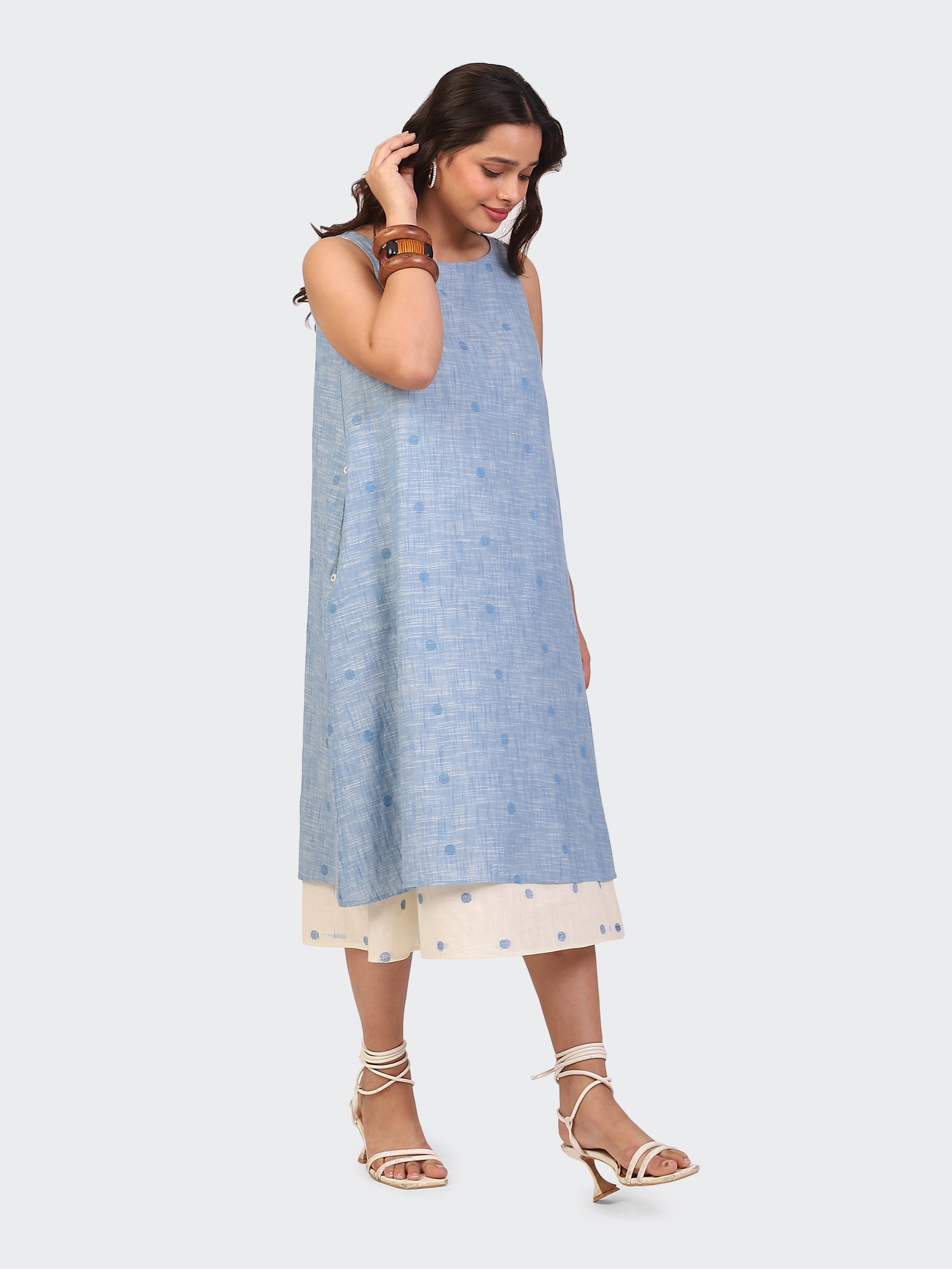 HANDLOOM COTTON DOUBLE-LAYER DRESS-BLUE