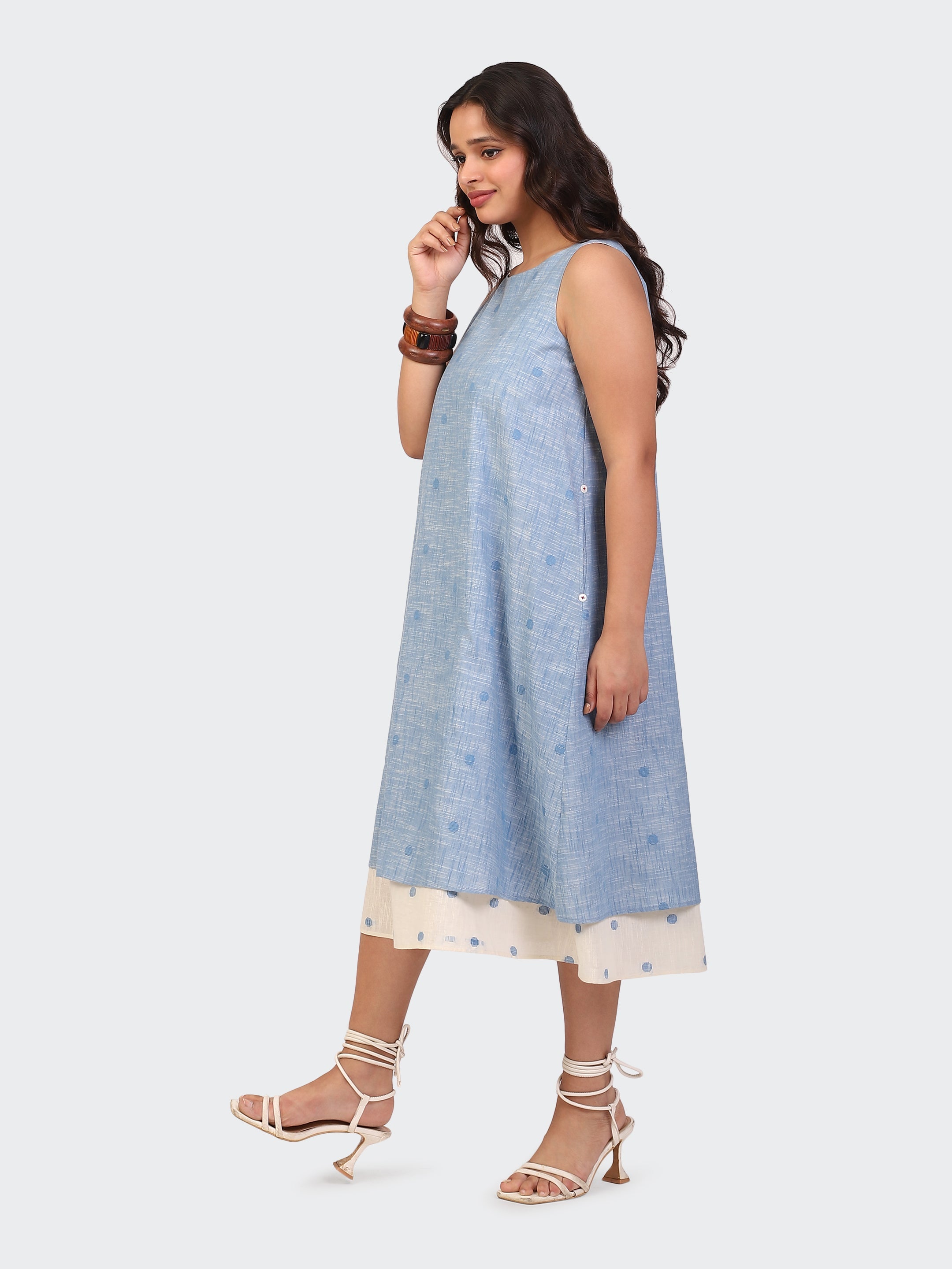 HANDLOOM COTTON DOUBLE-LAYER DRESS-BLUE