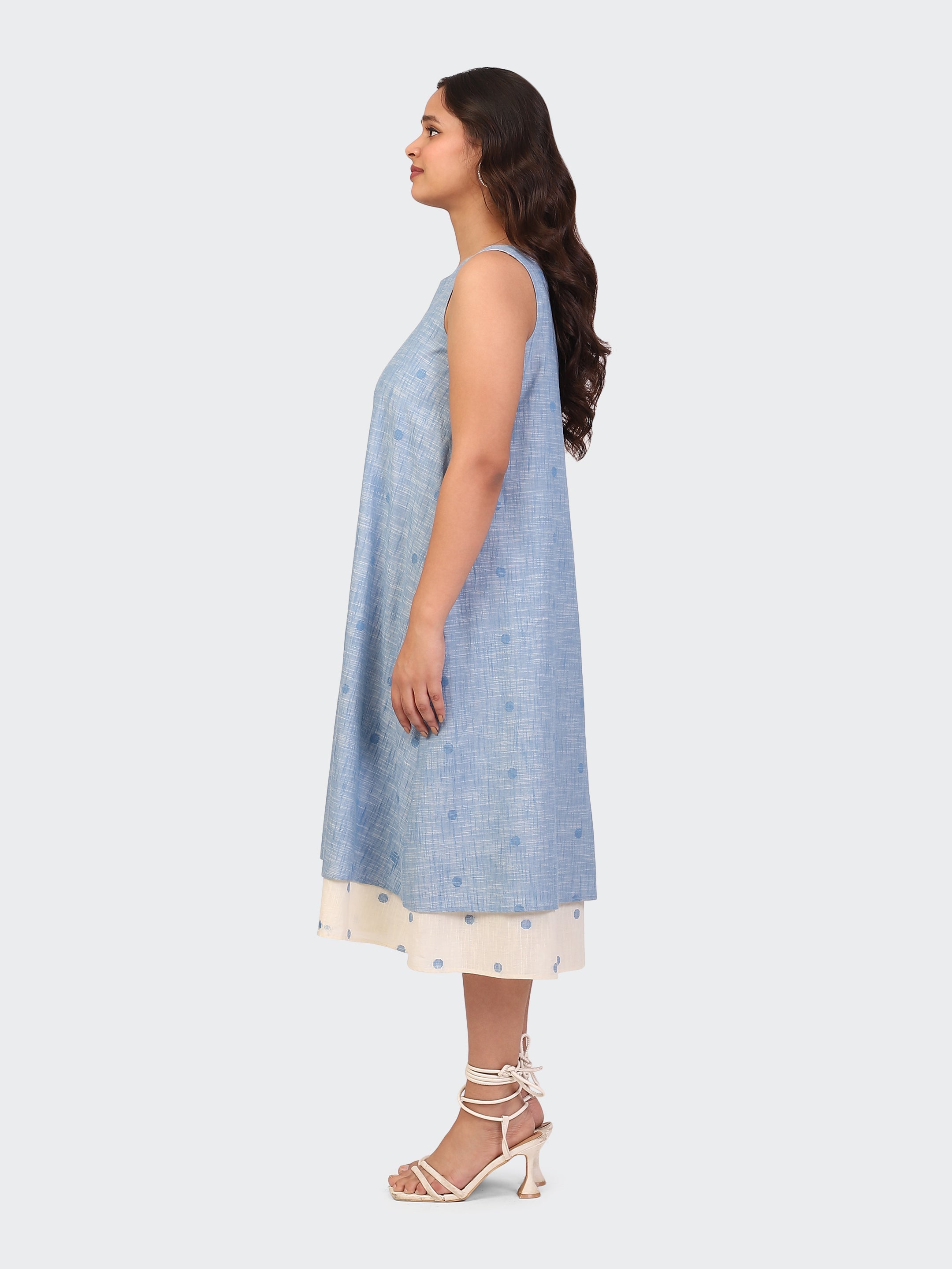 HANDLOOM COTTON DOUBLE-LAYER DRESS-BLUE