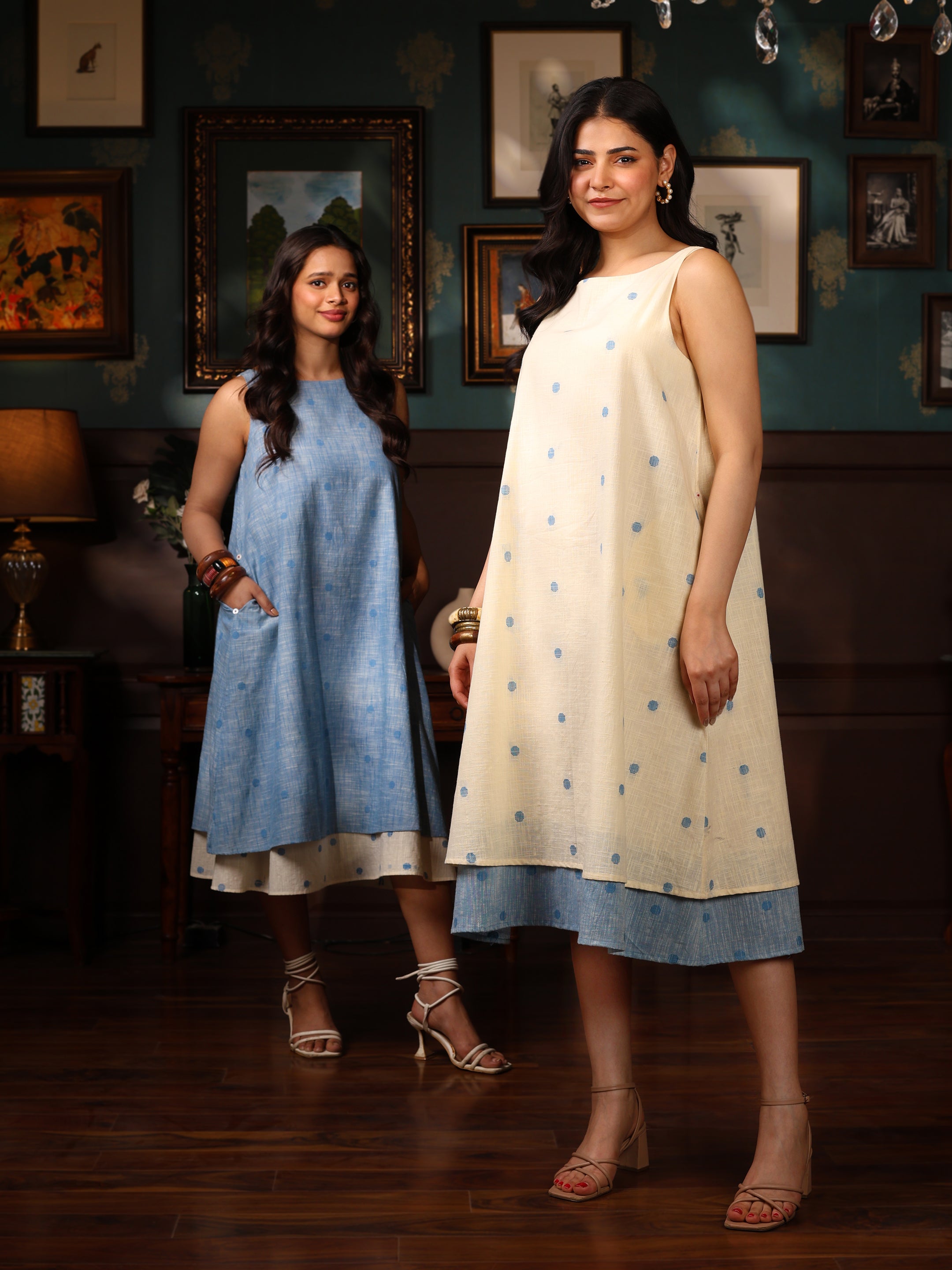 HANDLOOM COTTON DOUBLE-LAYER DRESS-BLUE