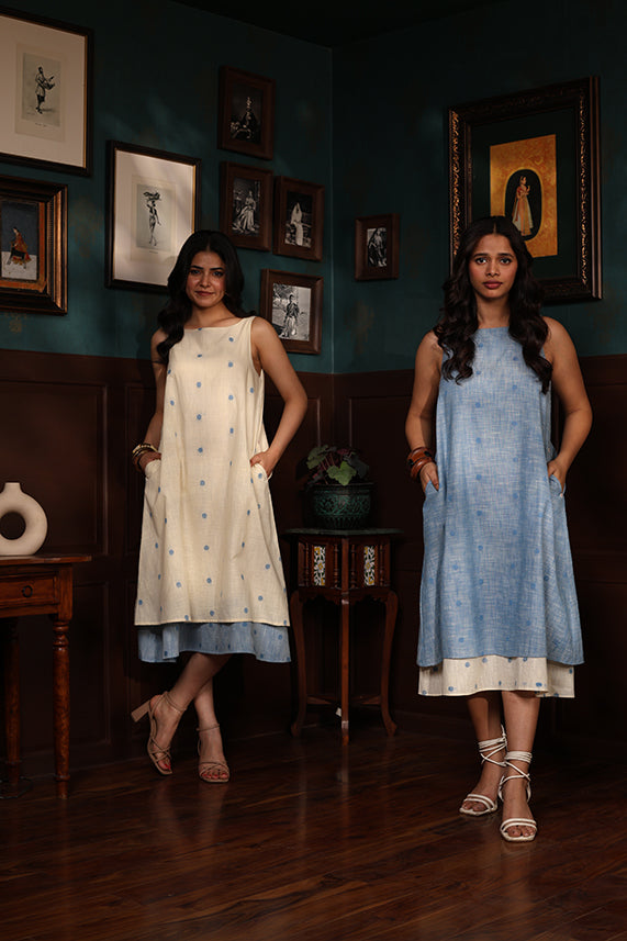 HANDLOOM COTTON DOUBLE-LAYER DRESS-BLUE