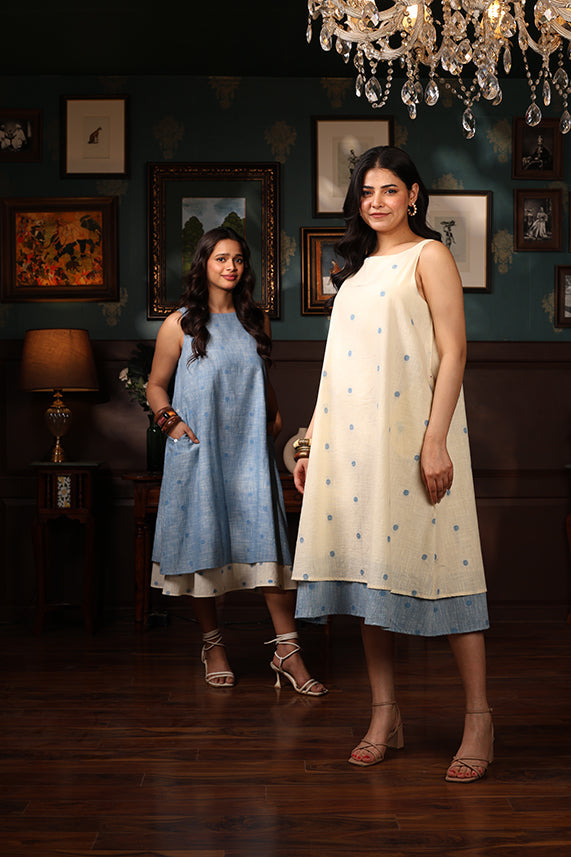 HANDLOOM COTTON DOUBLE-LAYER DRESS-BLUE