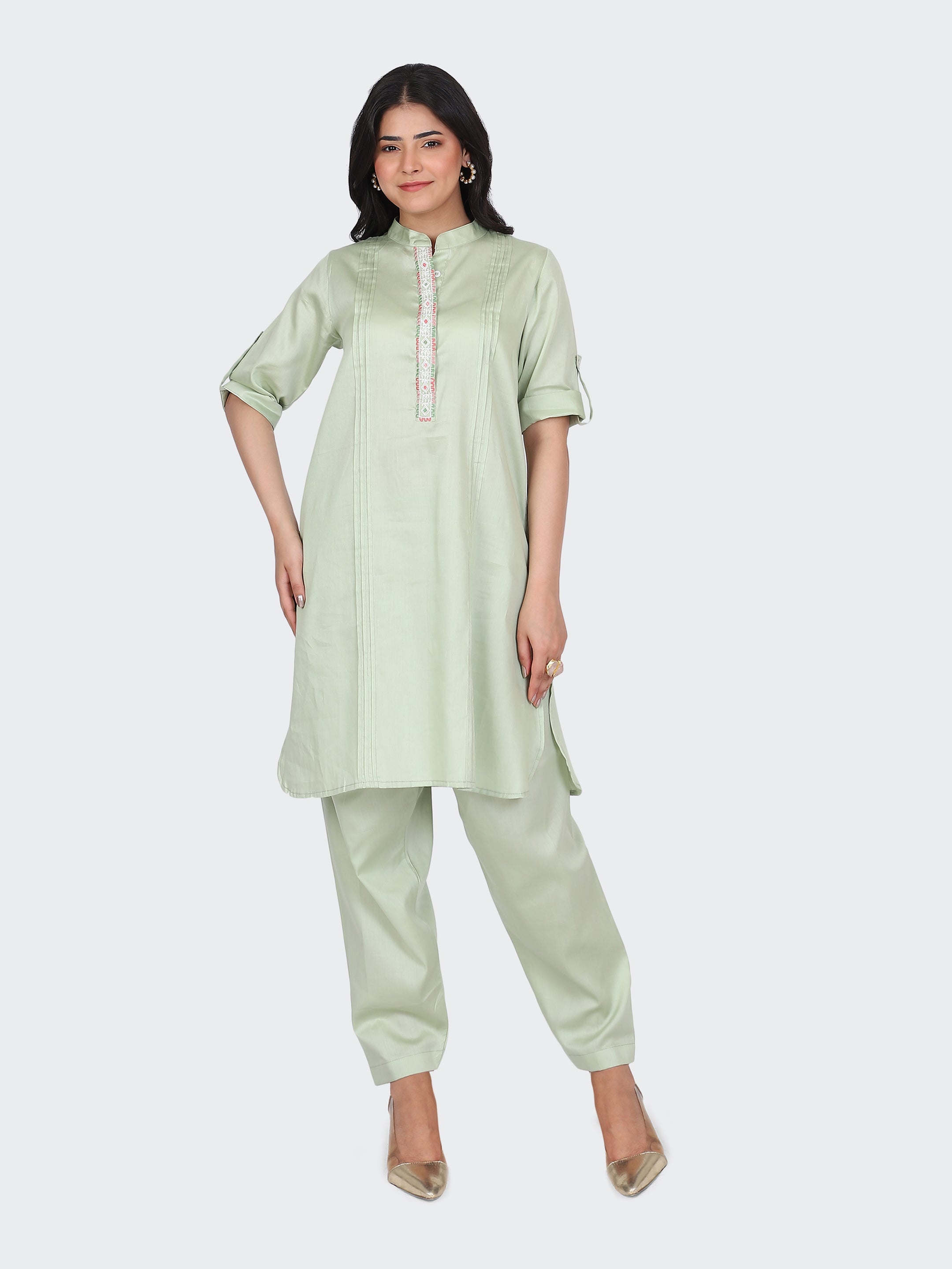 KURTA SET FEATURING FRONT EMBROIDERY AND  SALWAR-MINT