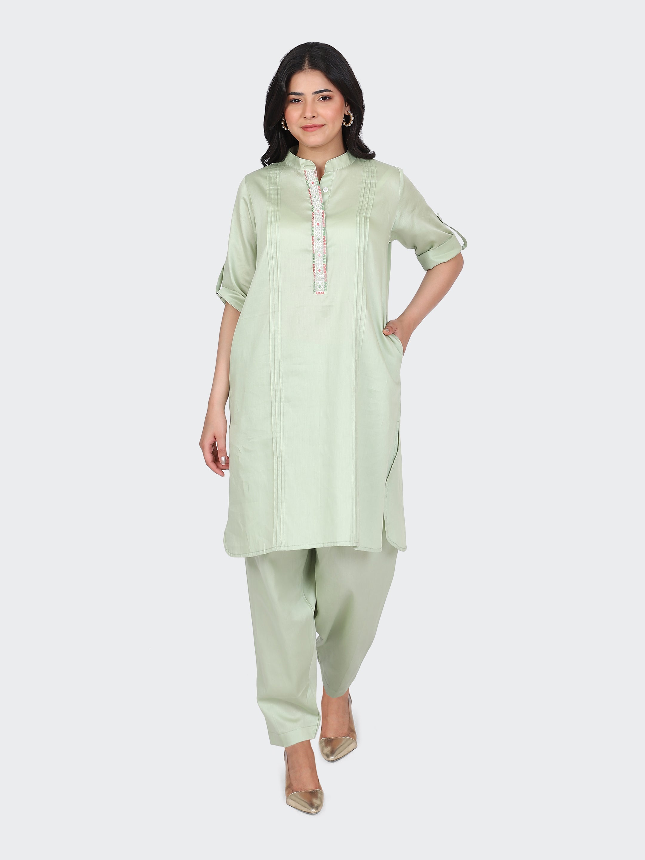 KURTA SET FEATURING FRONT EMBROIDERY AND  SALWAR-MINT