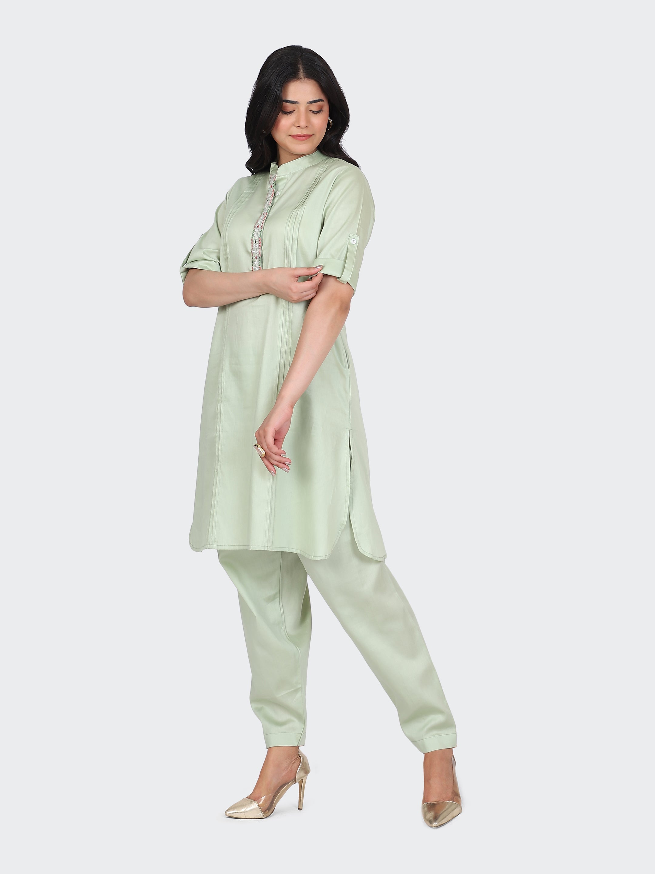 KURTA SET FEATURING FRONT EMBROIDERY AND  SALWAR-MINT