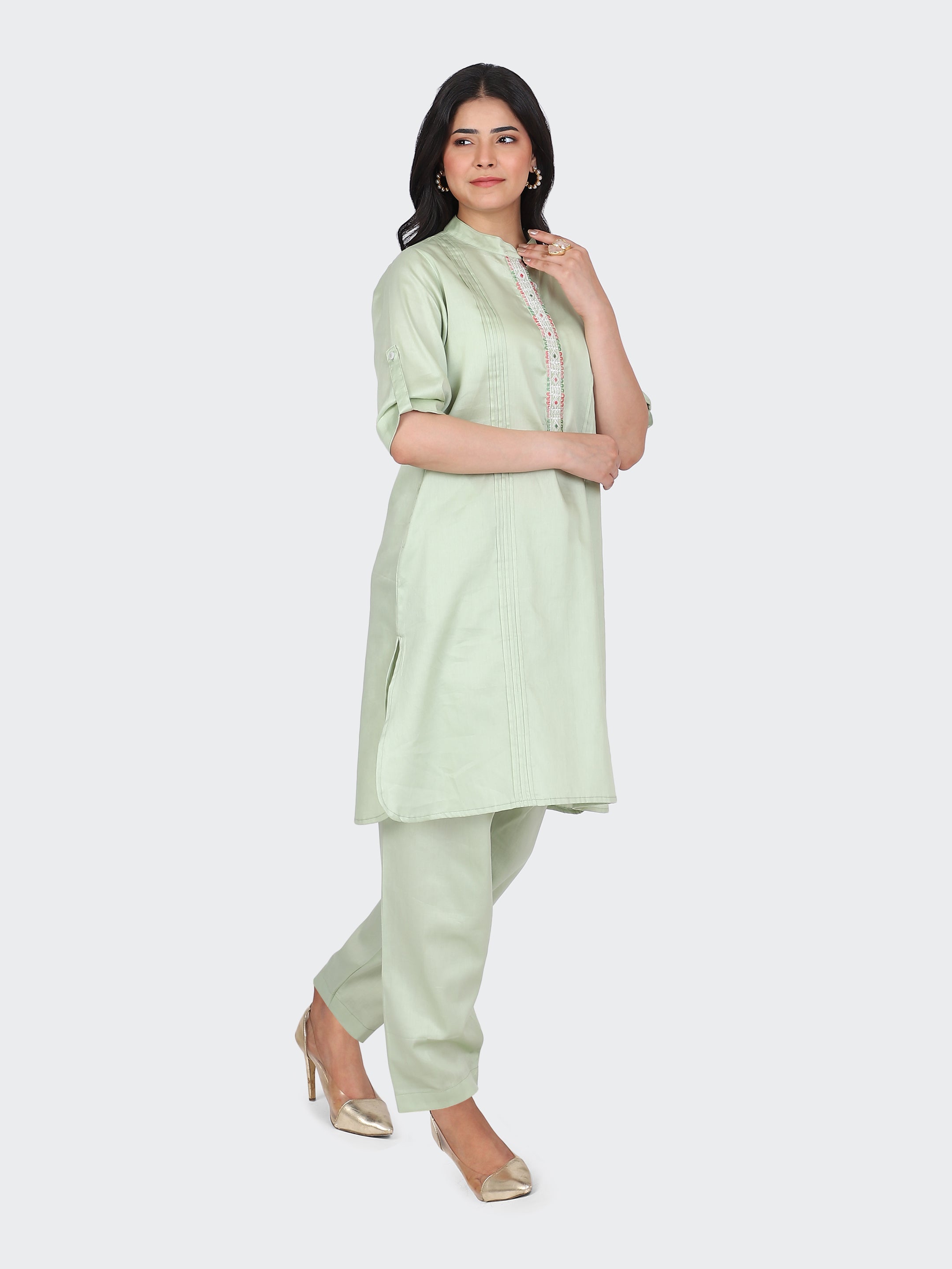 KURTA SET FEATURING FRONT EMBROIDERY AND  SALWAR-MINT