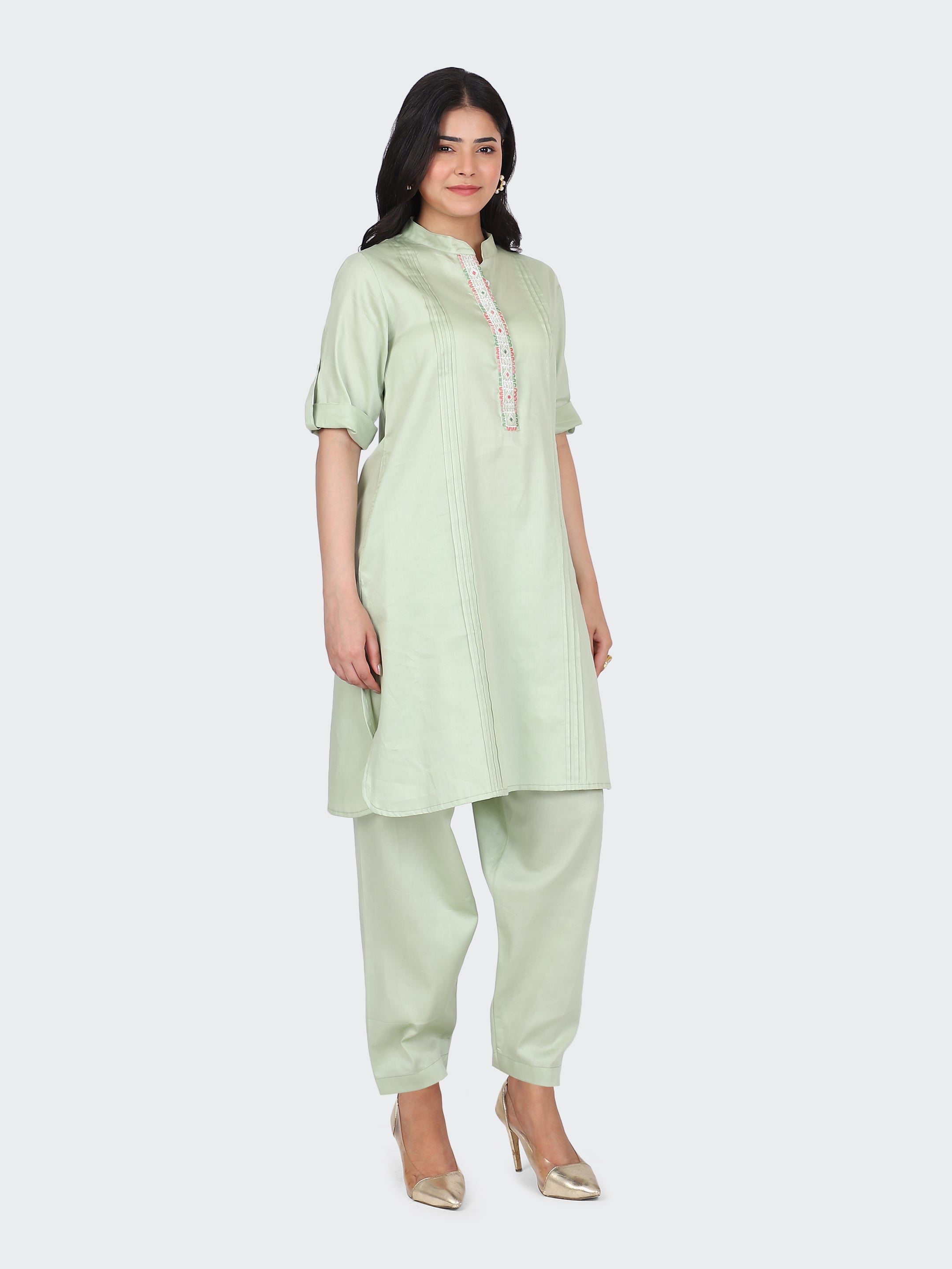 KURTA SET FEATURING FRONT EMBROIDERY AND  SALWAR-MINT