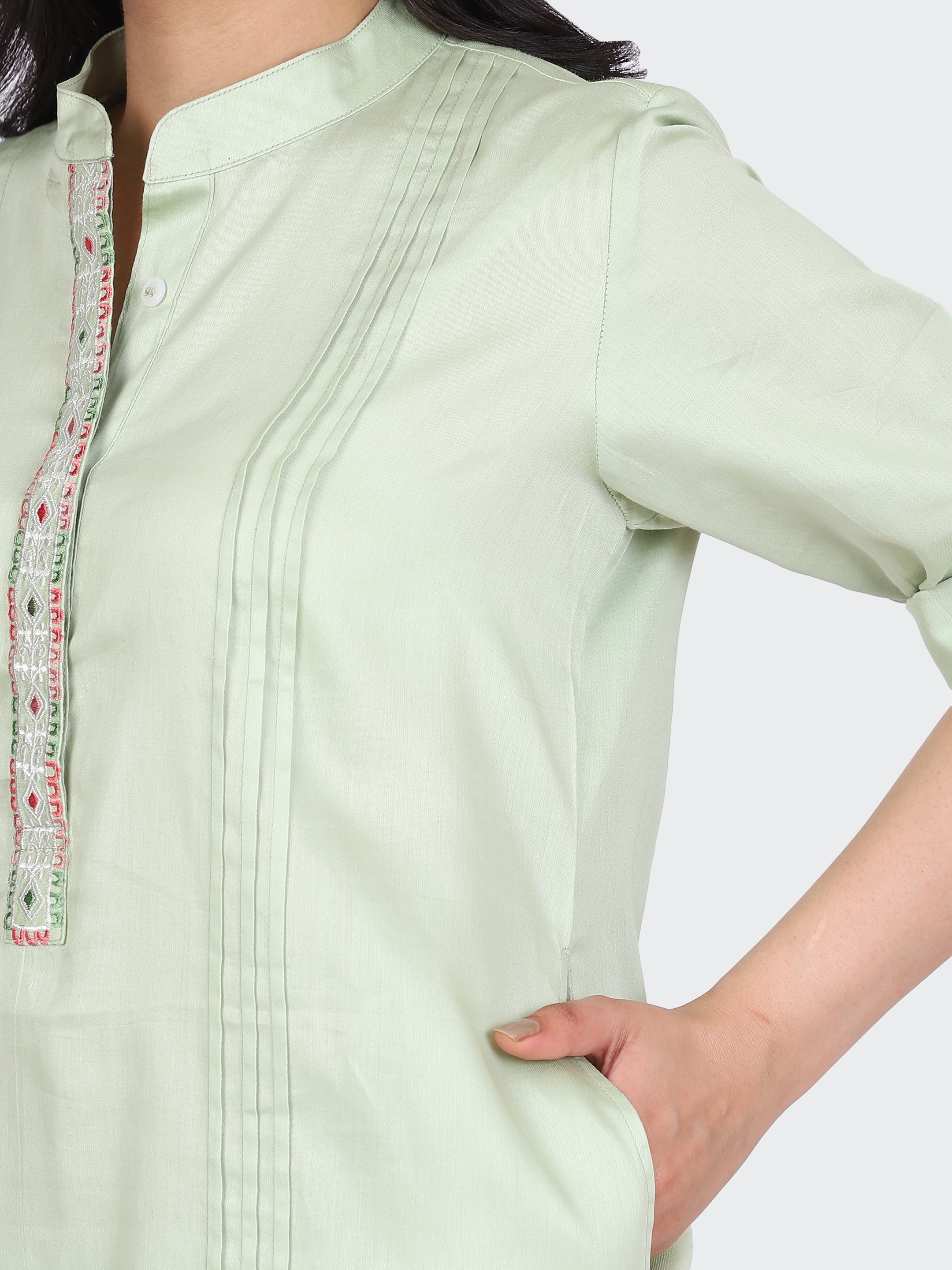 KURTA SET FEATURING FRONT EMBROIDERY AND  SALWAR-MINT