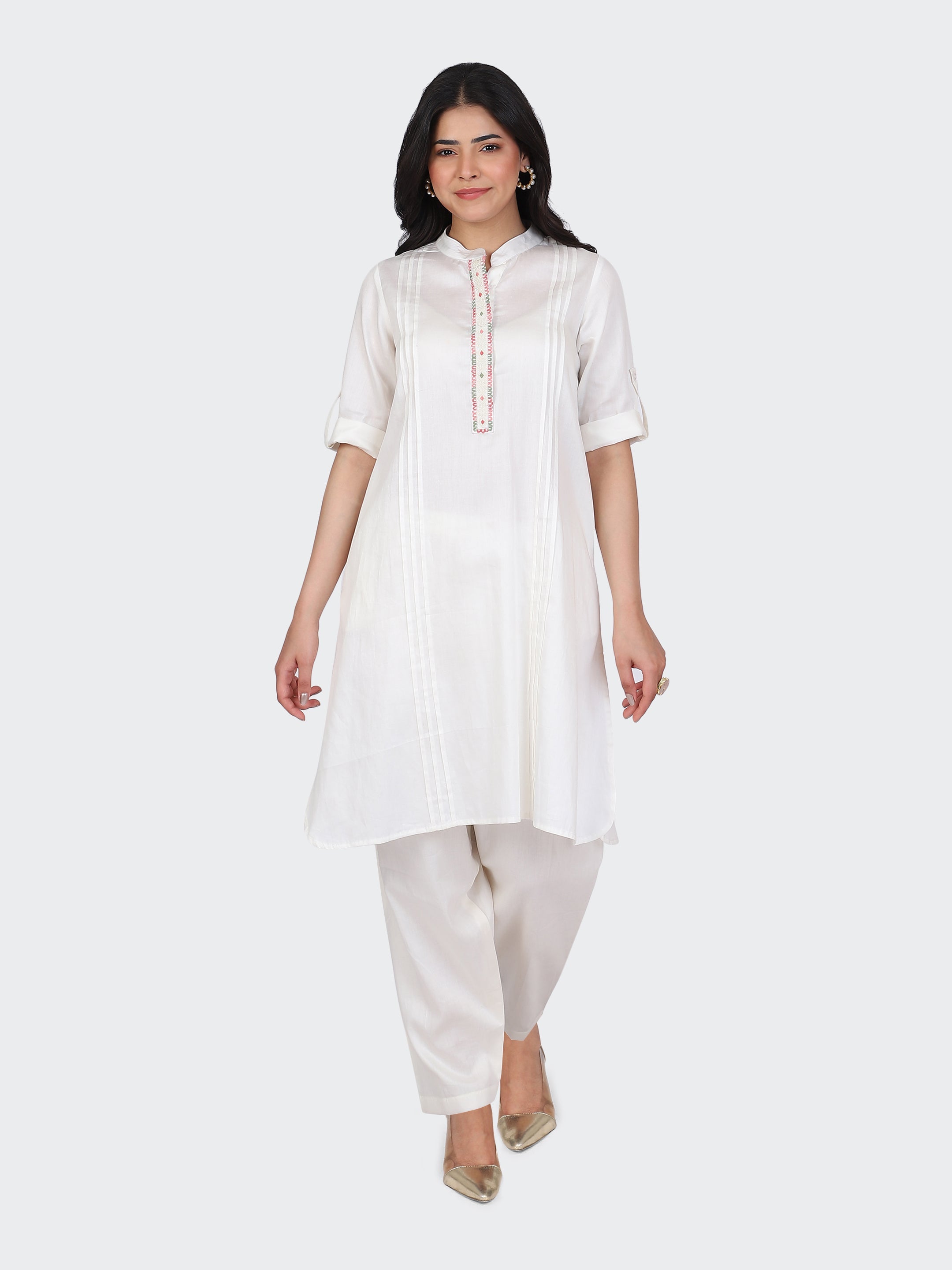 KURTA SET FEATURING FRONT EMBROIDERY AND SALWAR-CREAM
