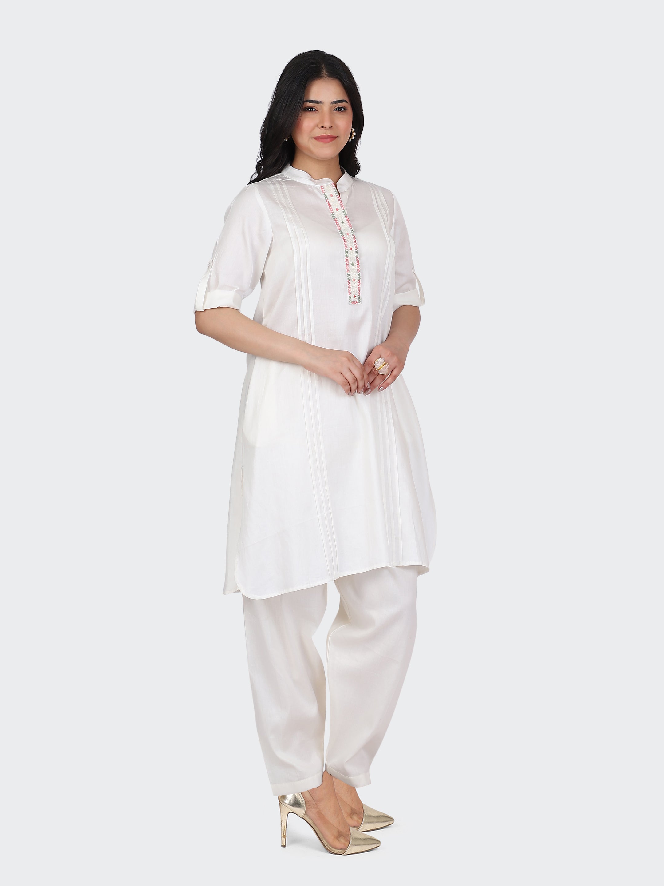 KURTA SET FEATURING FRONT EMBROIDERY AND SALWAR-CREAM