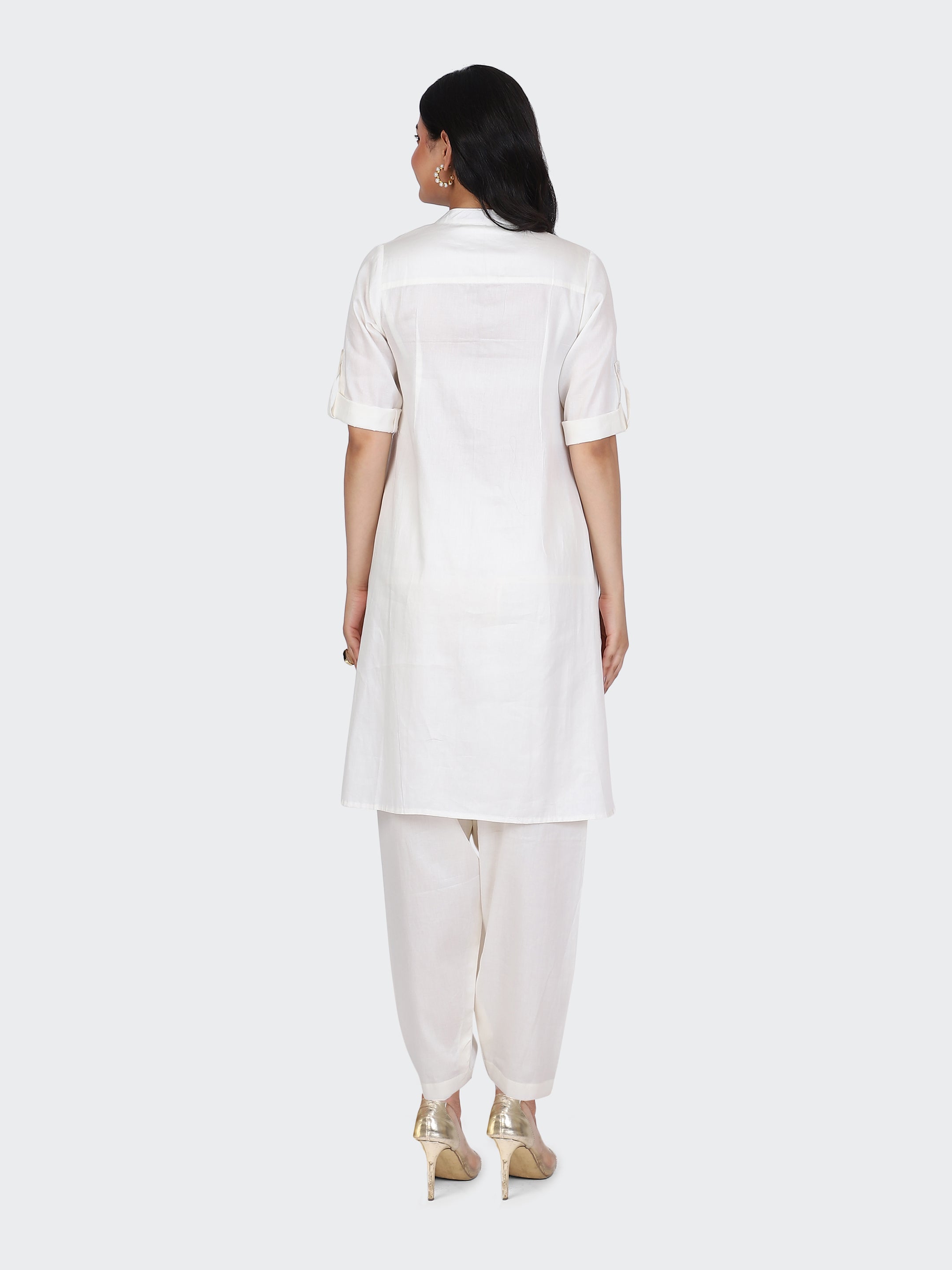 KURTA SET FEATURING FRONT EMBROIDERY AND SALWAR-CREAM