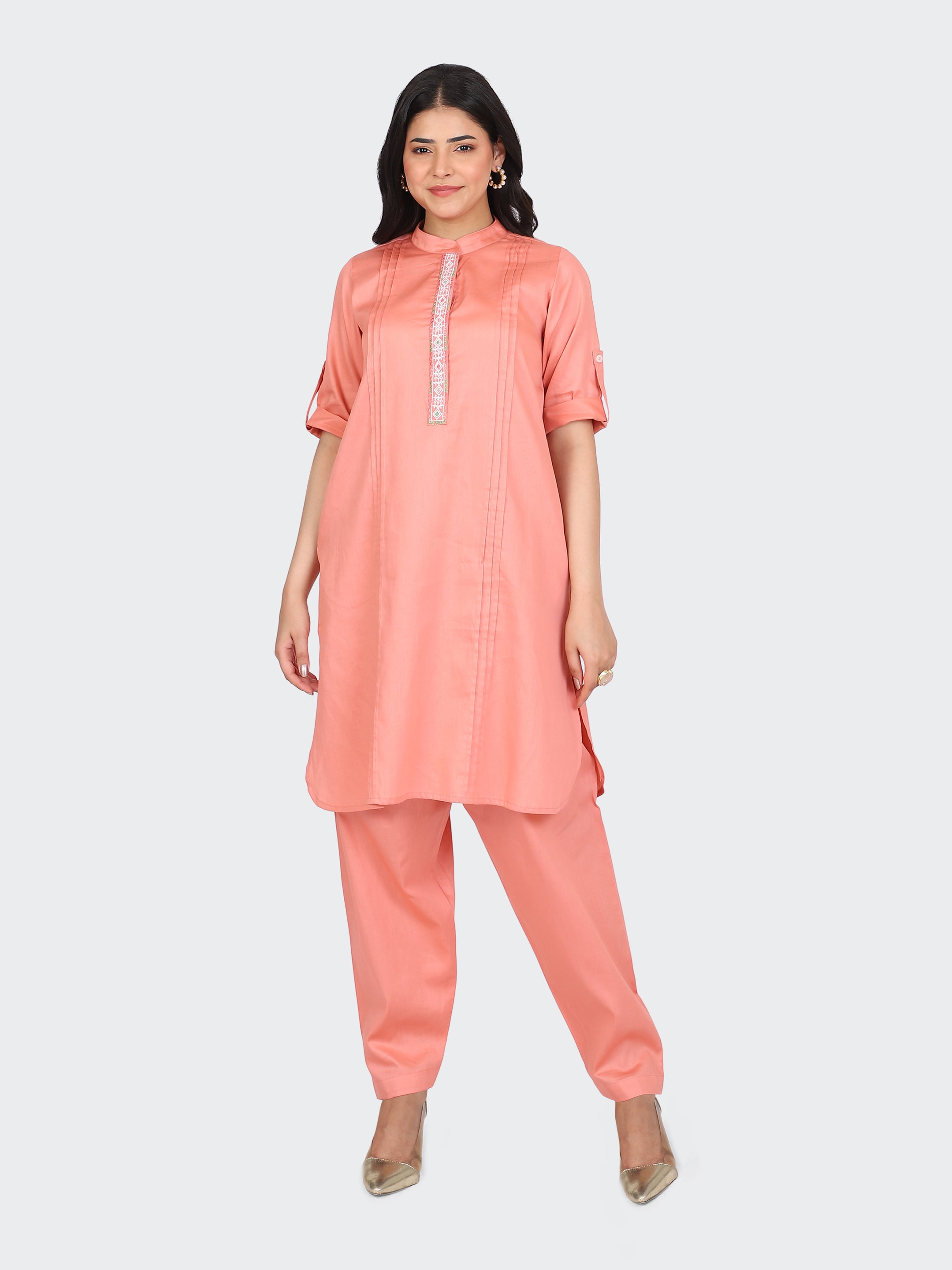 KURTA SET FEATURING FRONT EMBROIDERY AND SALWAR-PEACH