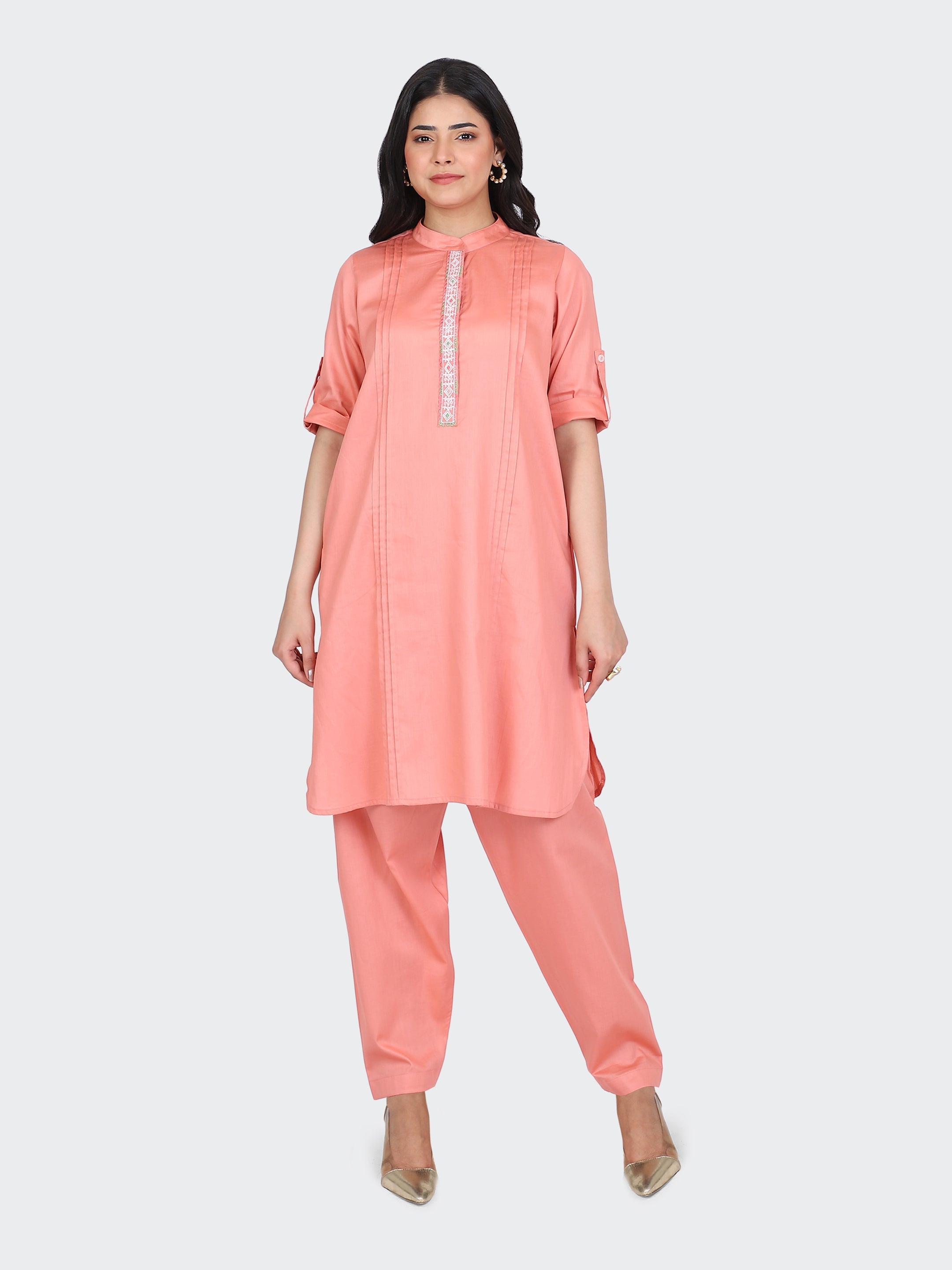 KURTA SET FEATURING FRONT EMBROIDERY AND SALWAR-PEACH