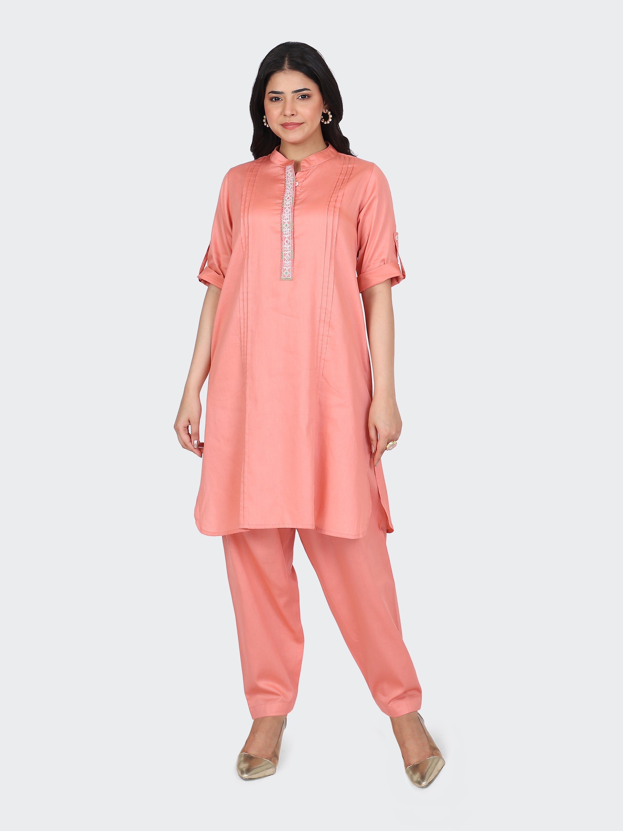 KURTA SET FEATURING FRONT EMBROIDERY AND SALWAR-PEACH