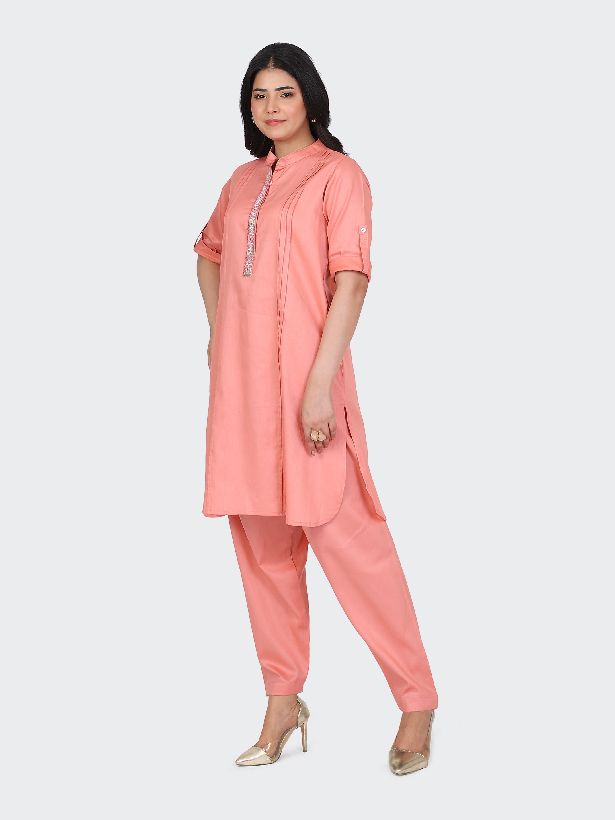 KURTA SET FEATURING FRONT EMBROIDERY AND SALWAR-PEACH