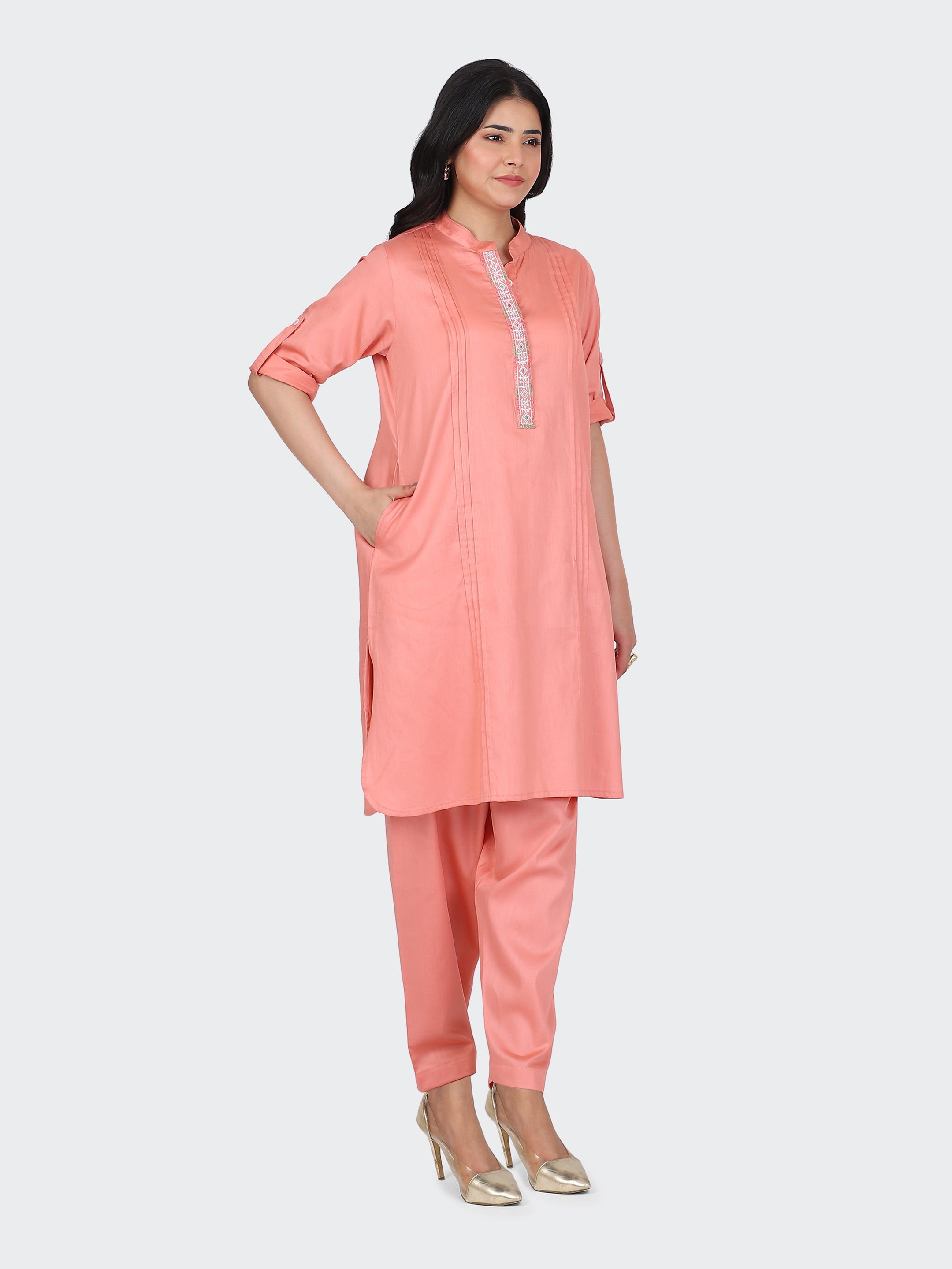 KURTA SET FEATURING FRONT EMBROIDERY AND SALWAR-PEACH