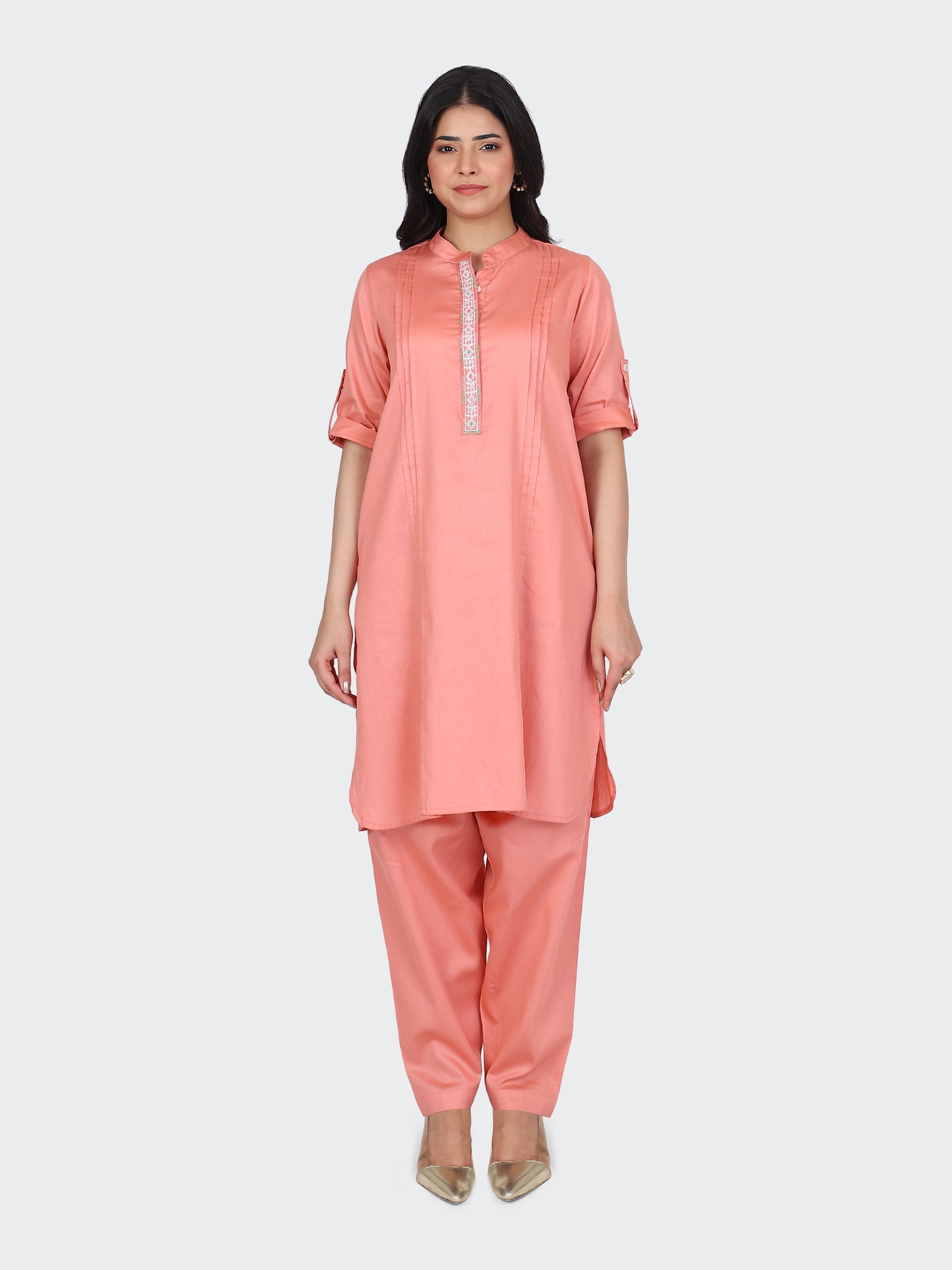 KURTA SET FEATURING FRONT EMBROIDERY AND SALWAR-PEACH