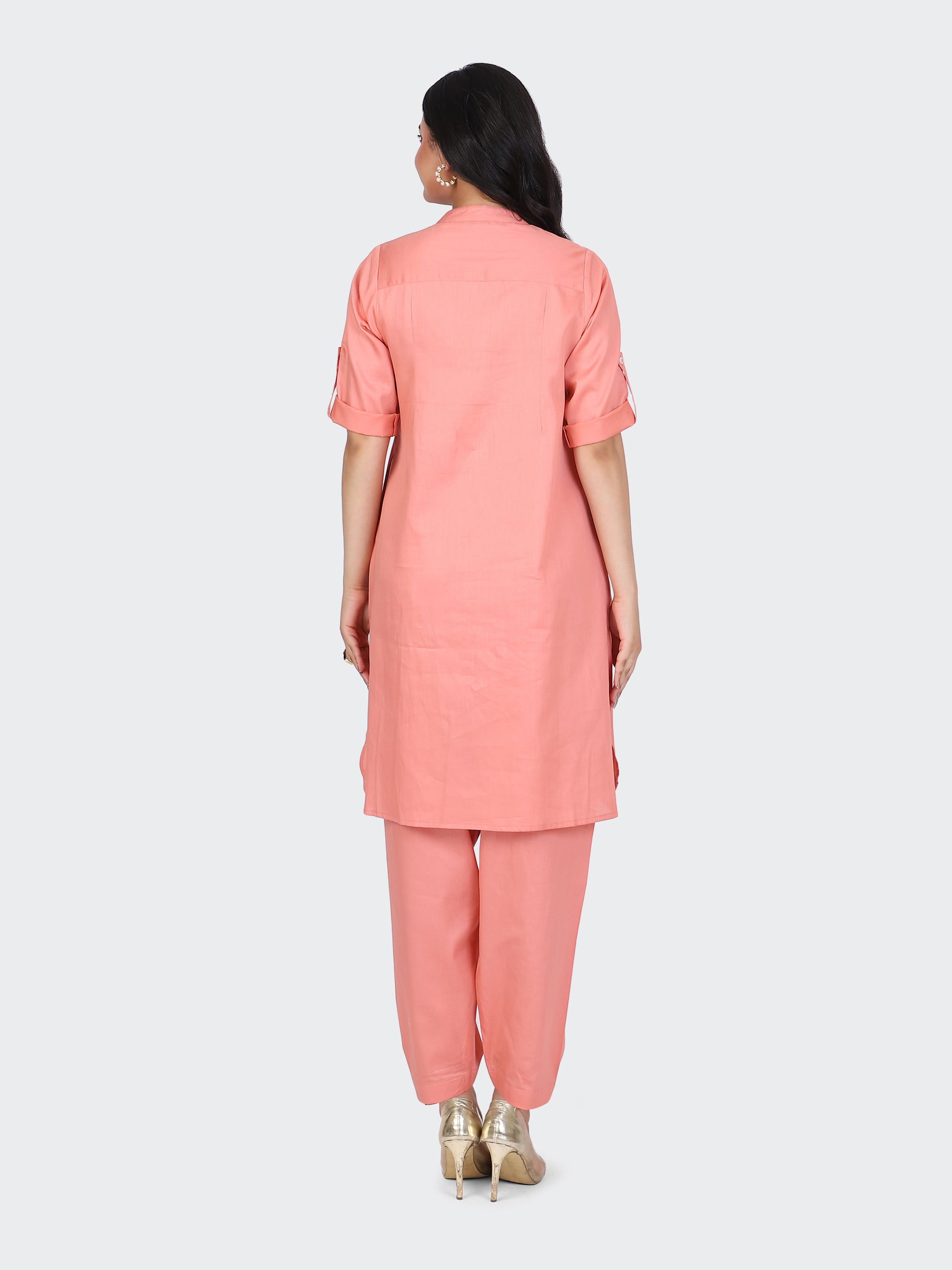 KURTA SET FEATURING FRONT EMBROIDERY AND SALWAR-PEACH