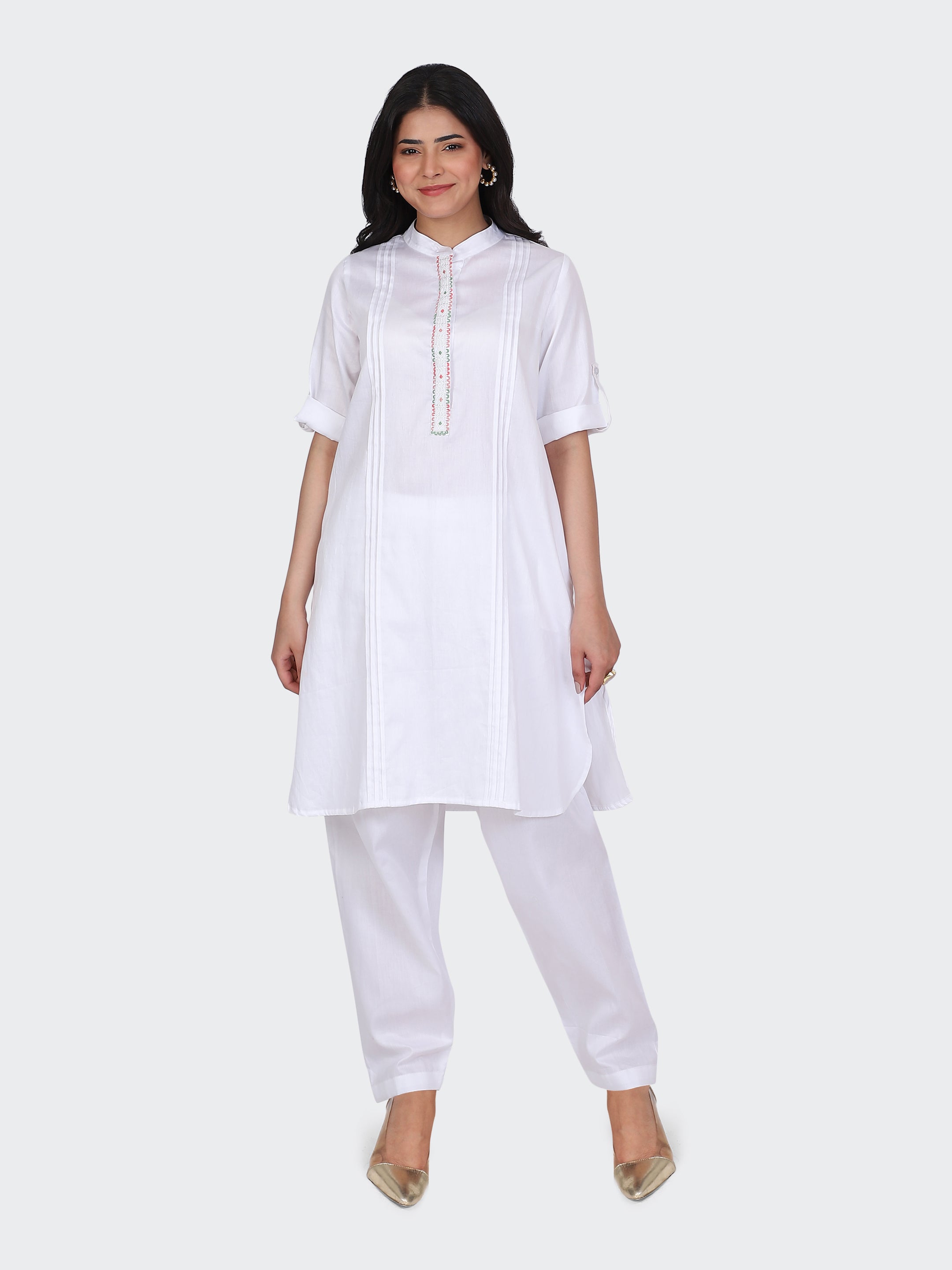 KURTA SET FEATURING FRONT EMBROIDERY AND SALWAR-WHITE