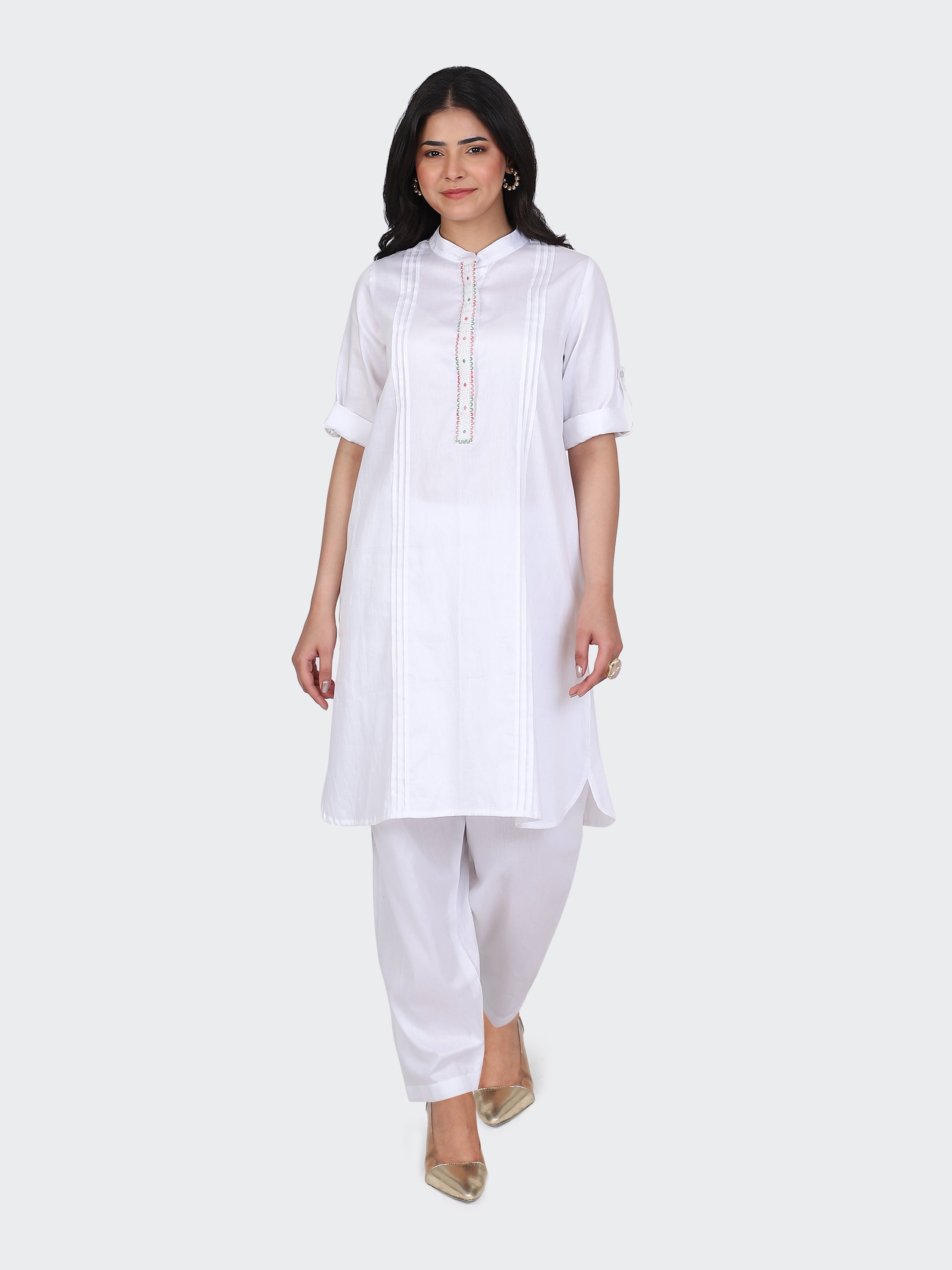 KURTA SET FEATURING FRONT EMBROIDERY AND SALWAR-WHITE