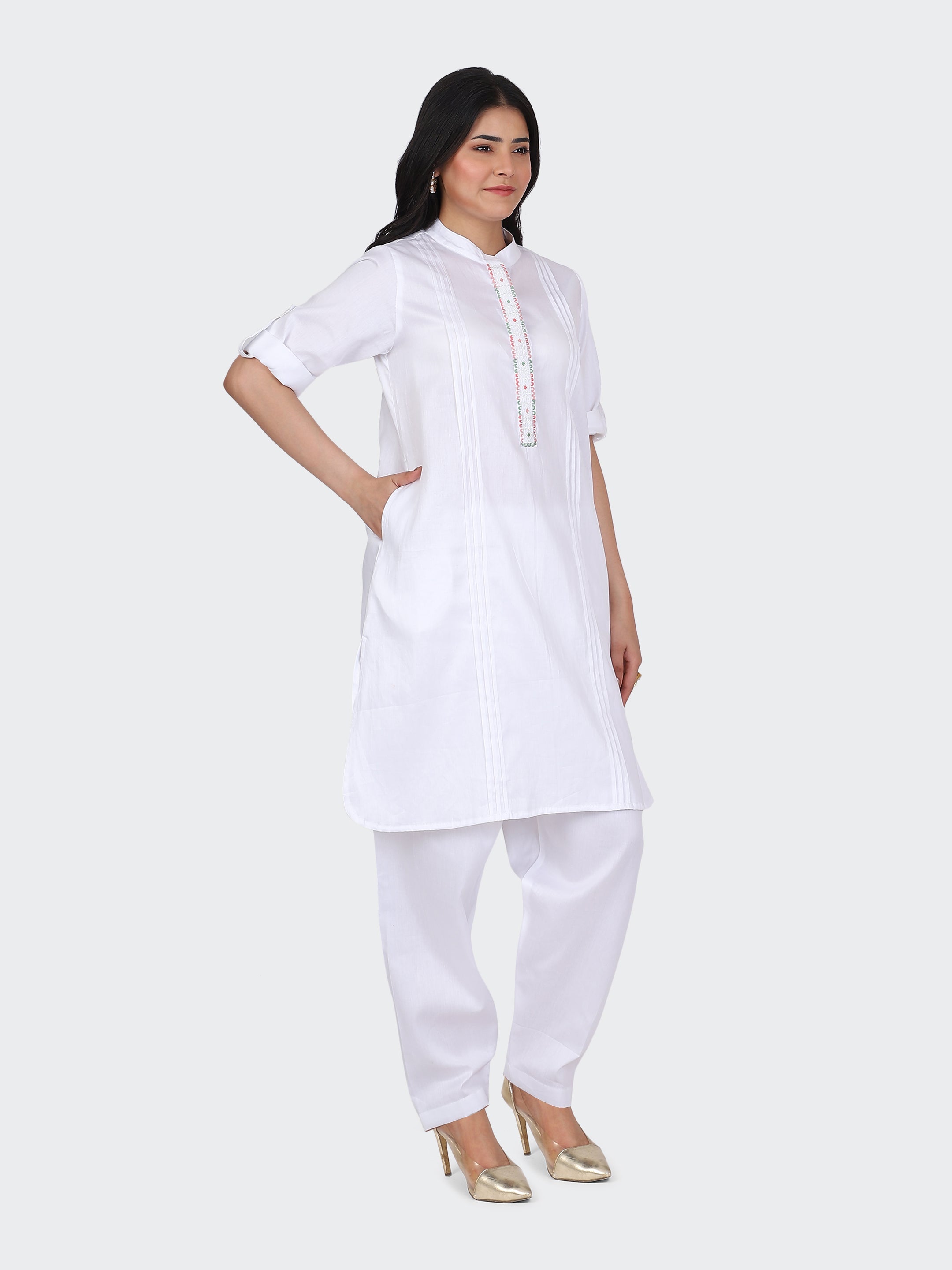 KURTA SET FEATURING FRONT EMBROIDERY AND SALWAR-WHITE