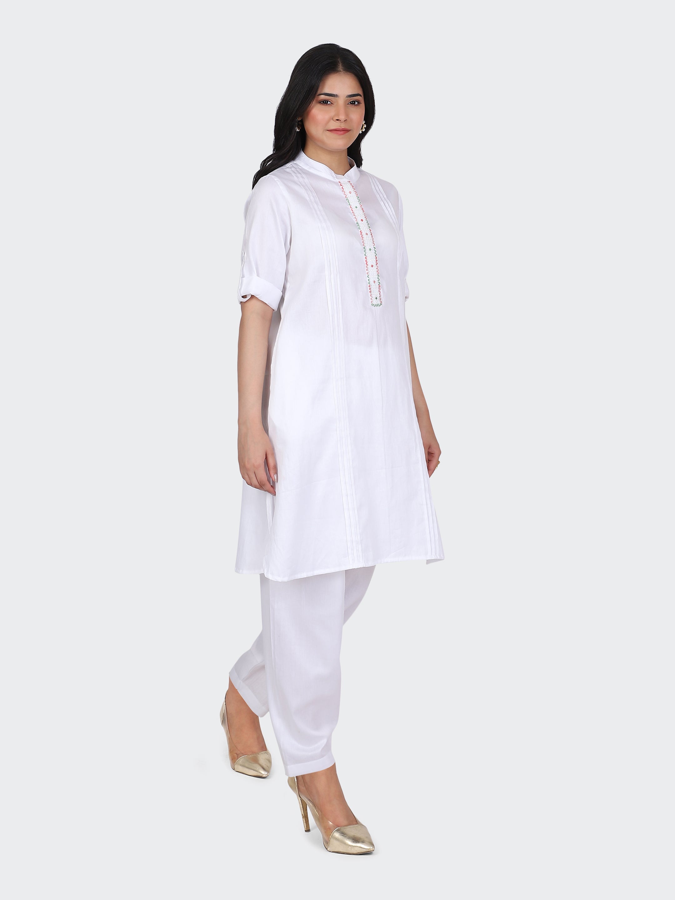 KURTA SET FEATURING FRONT EMBROIDERY AND SALWAR-WHITE