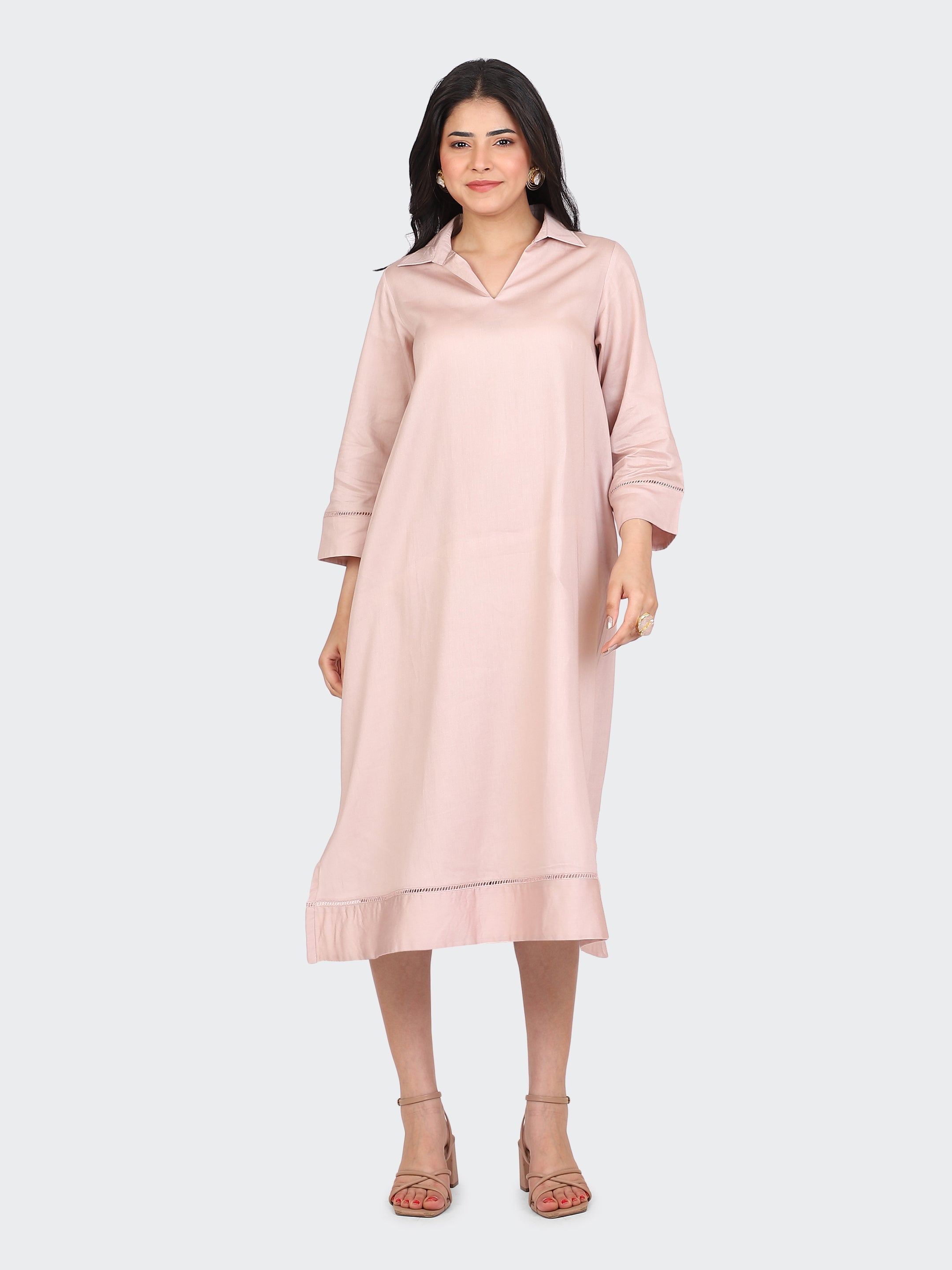 COLLARED DRESS FEATURING LACE ON SLEEVES AND BOTTOM-DUSTY ROSE