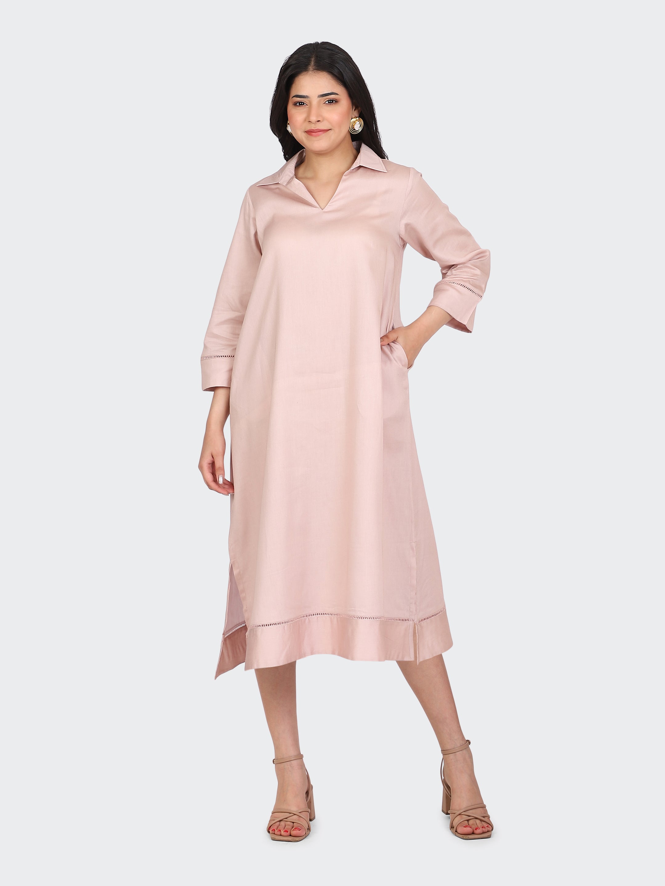COLLARED DRESS FEATURING LACE ON SLEEVES AND BOTTOM-DUSTY ROSE