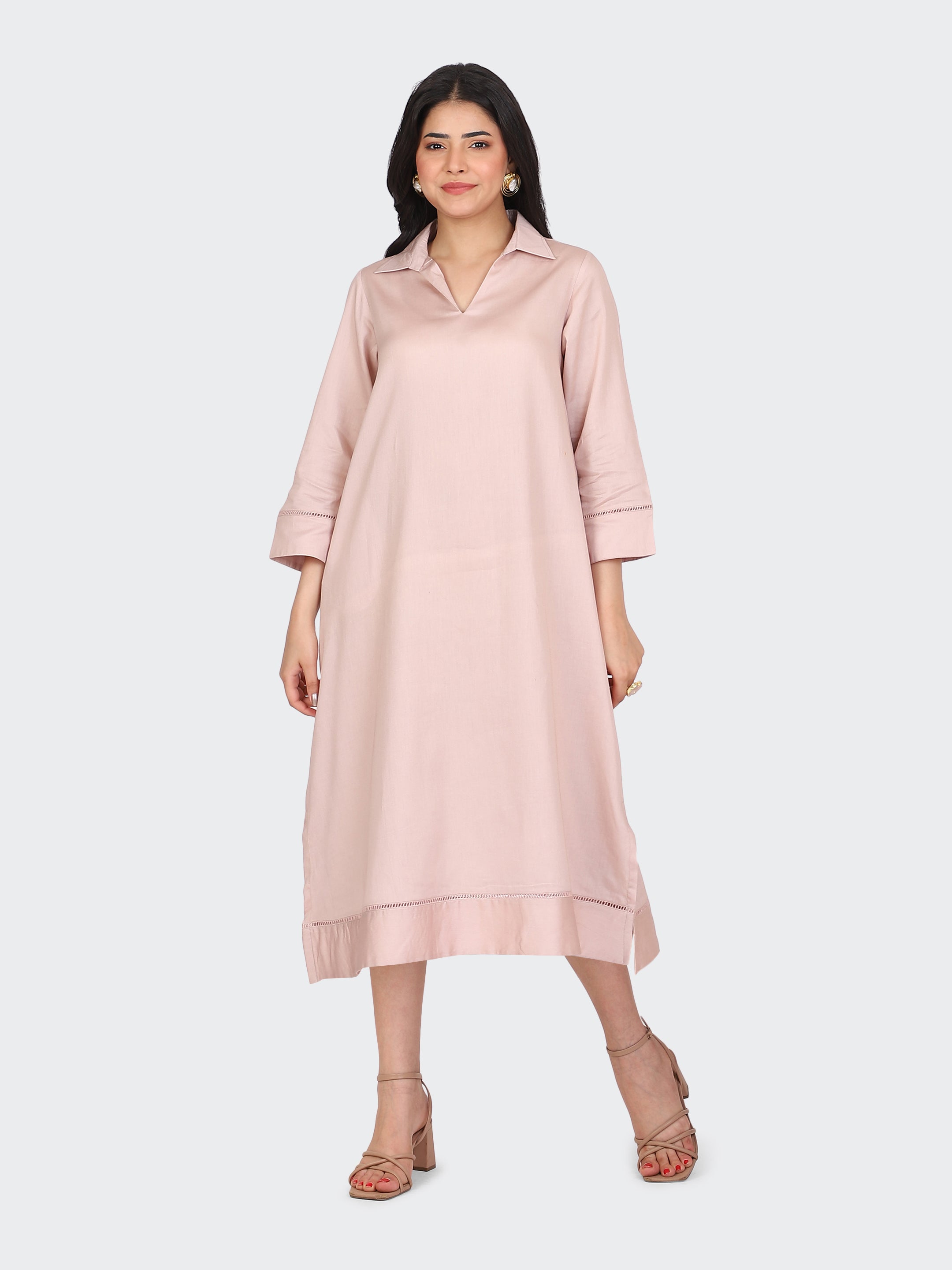 COLLARED DRESS FEATURING LACE ON SLEEVES AND BOTTOM-DUSTY ROSE