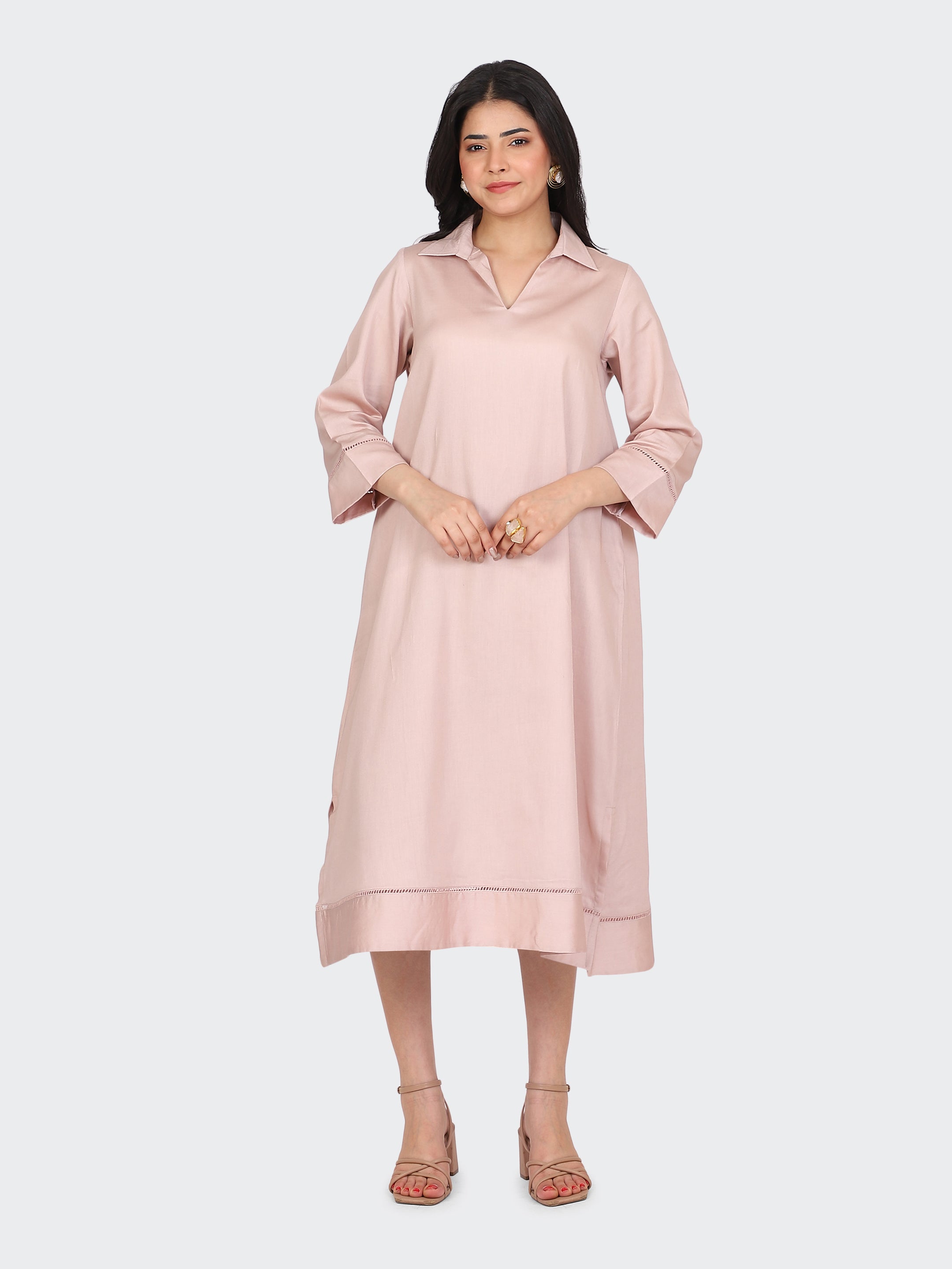 COLLARED DRESS FEATURING LACE ON SLEEVES AND BOTTOM-DUSTY ROSE