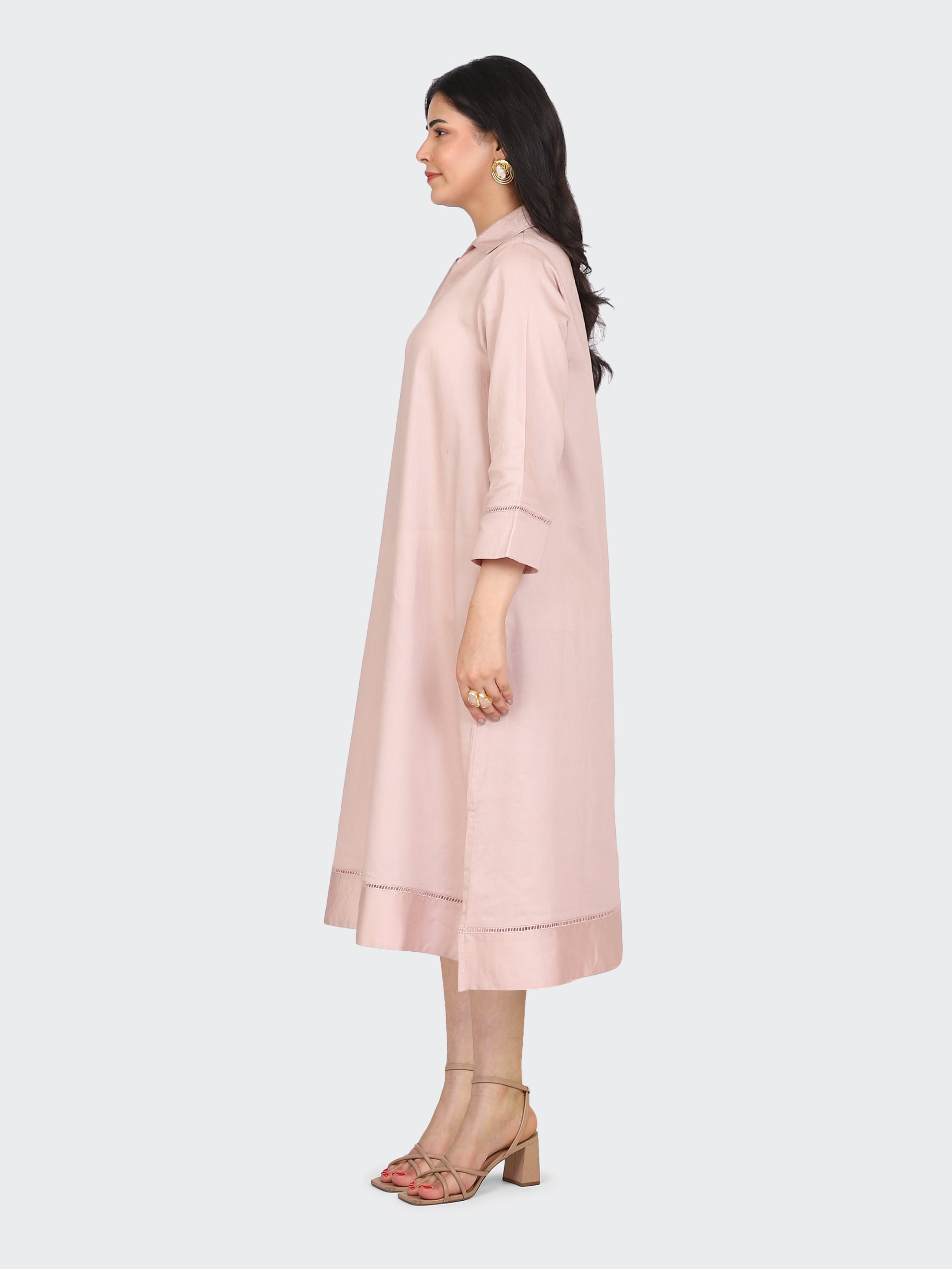 COLLARED DRESS FEATURING LACE ON SLEEVES AND BOTTOM-DUSTY ROSE