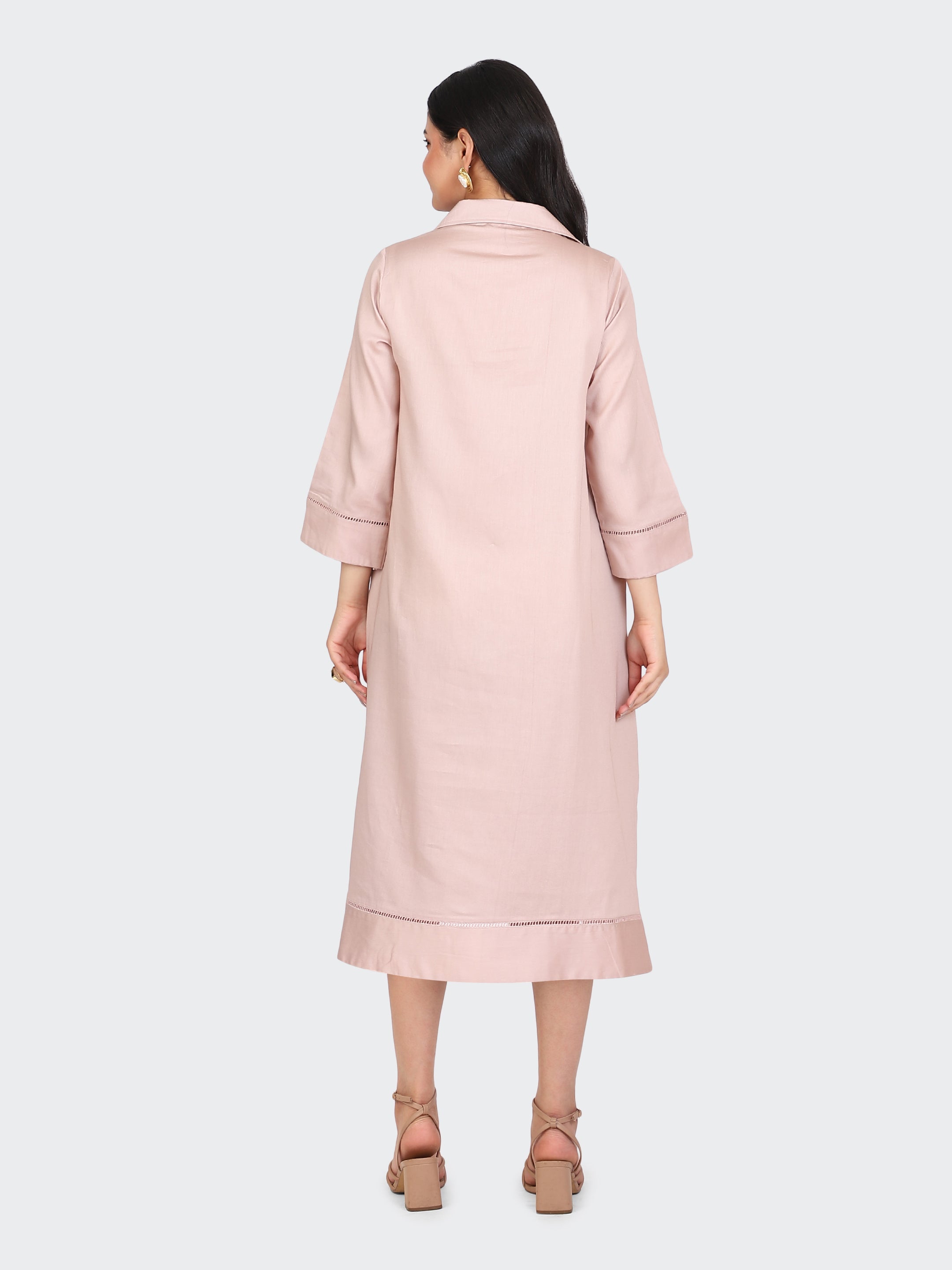 COLLARED DRESS FEATURING LACE ON SLEEVES AND BOTTOM-DUSTY ROSE