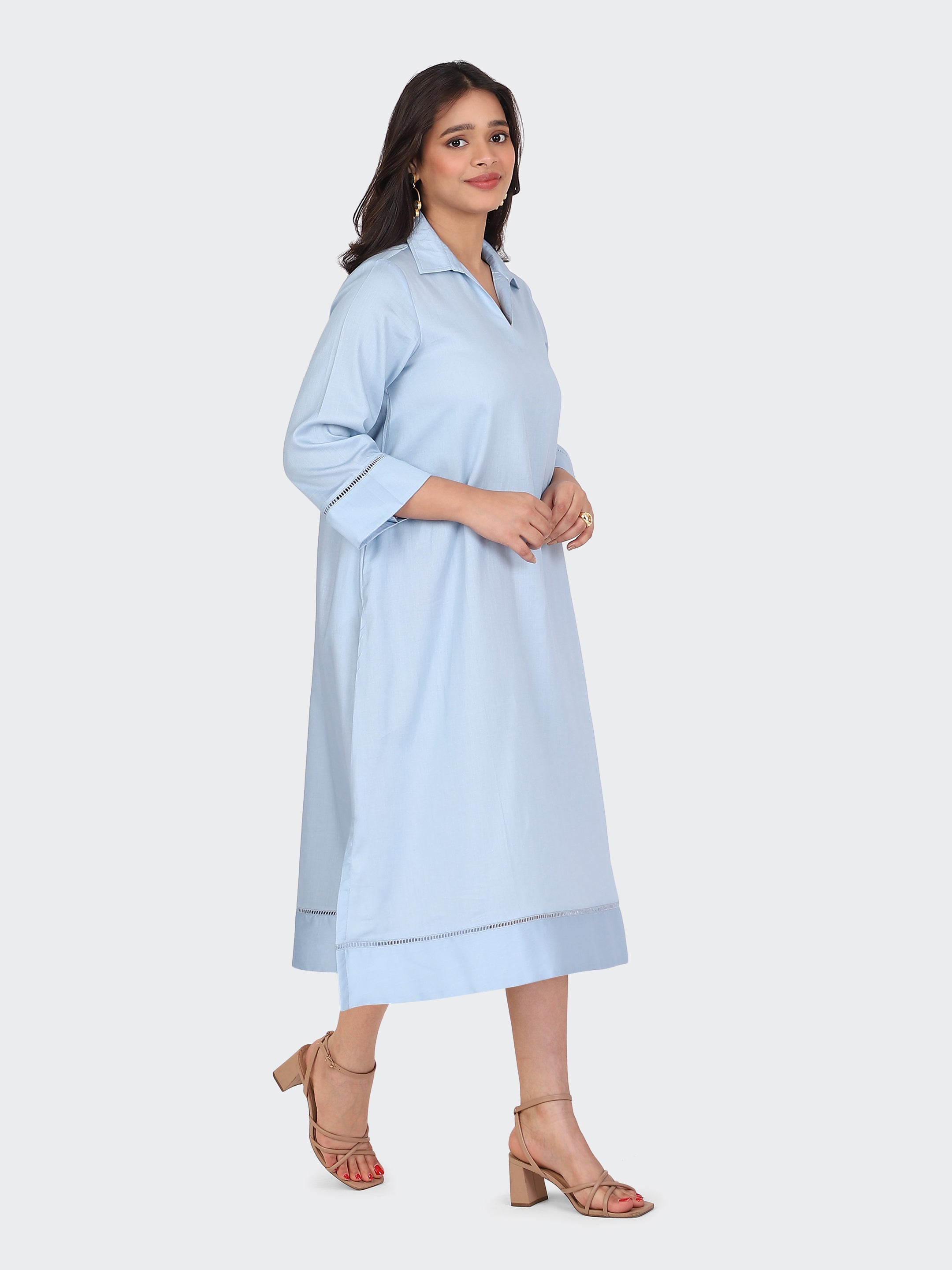 COLLARED DRESS FEATURING LACE ON SLEEVES AND BOTTOM-SKYBLUE