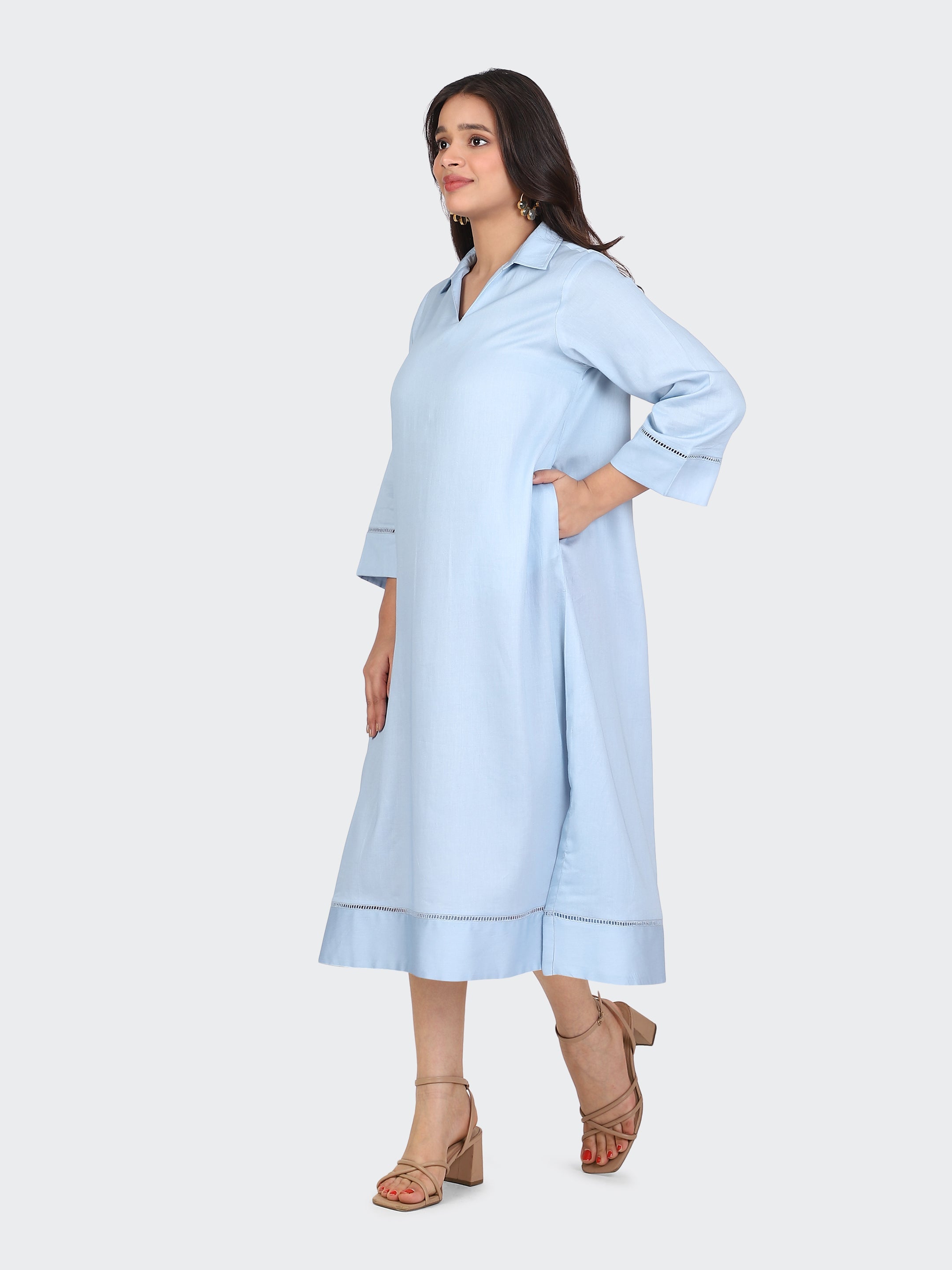 COLLARED DRESS FEATURING LACE ON SLEEVES AND BOTTOM-SKYBLUE