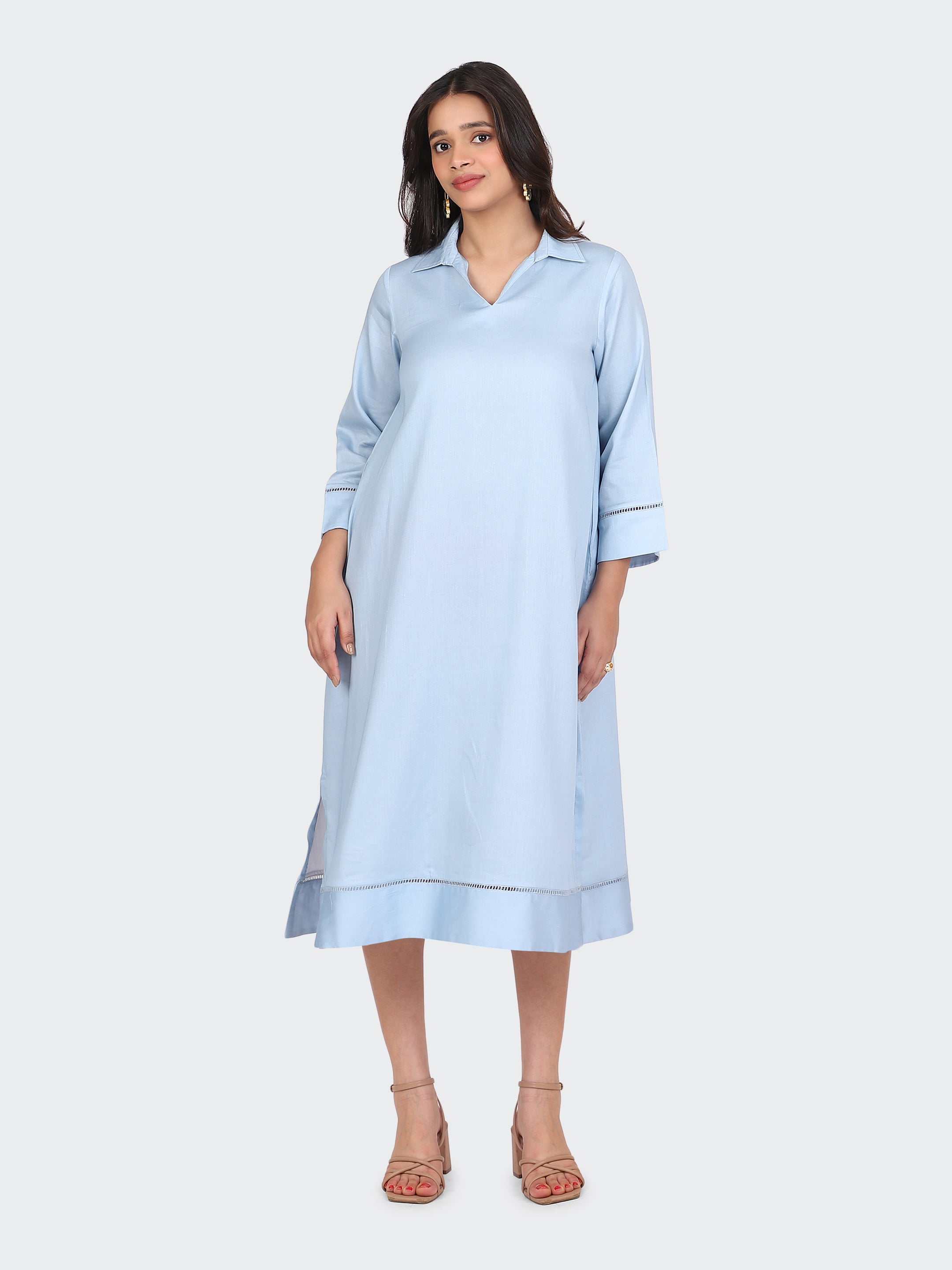 COLLARED DRESS FEATURING LACE ON SLEEVES AND BOTTOM-SKYBLUE