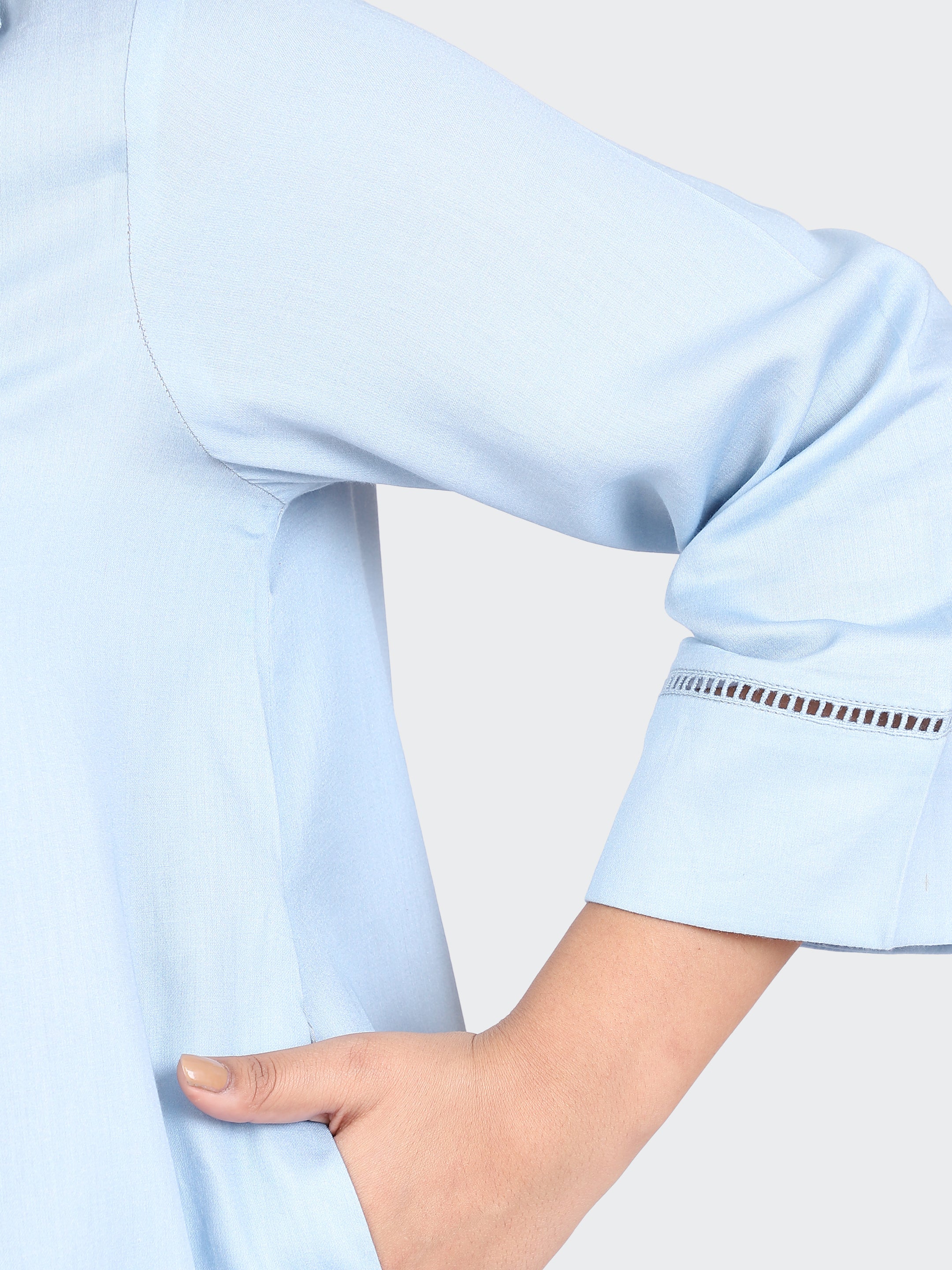 COLLARED DRESS FEATURING LACE ON SLEEVES AND BOTTOM-SKYBLUE