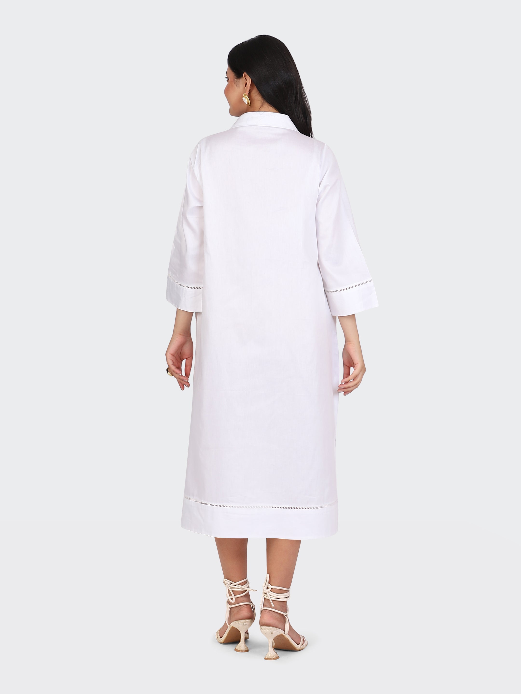 COLLARED DRESS FEATURING LACE ON SLEEVES AND BOTTOM-WHITE