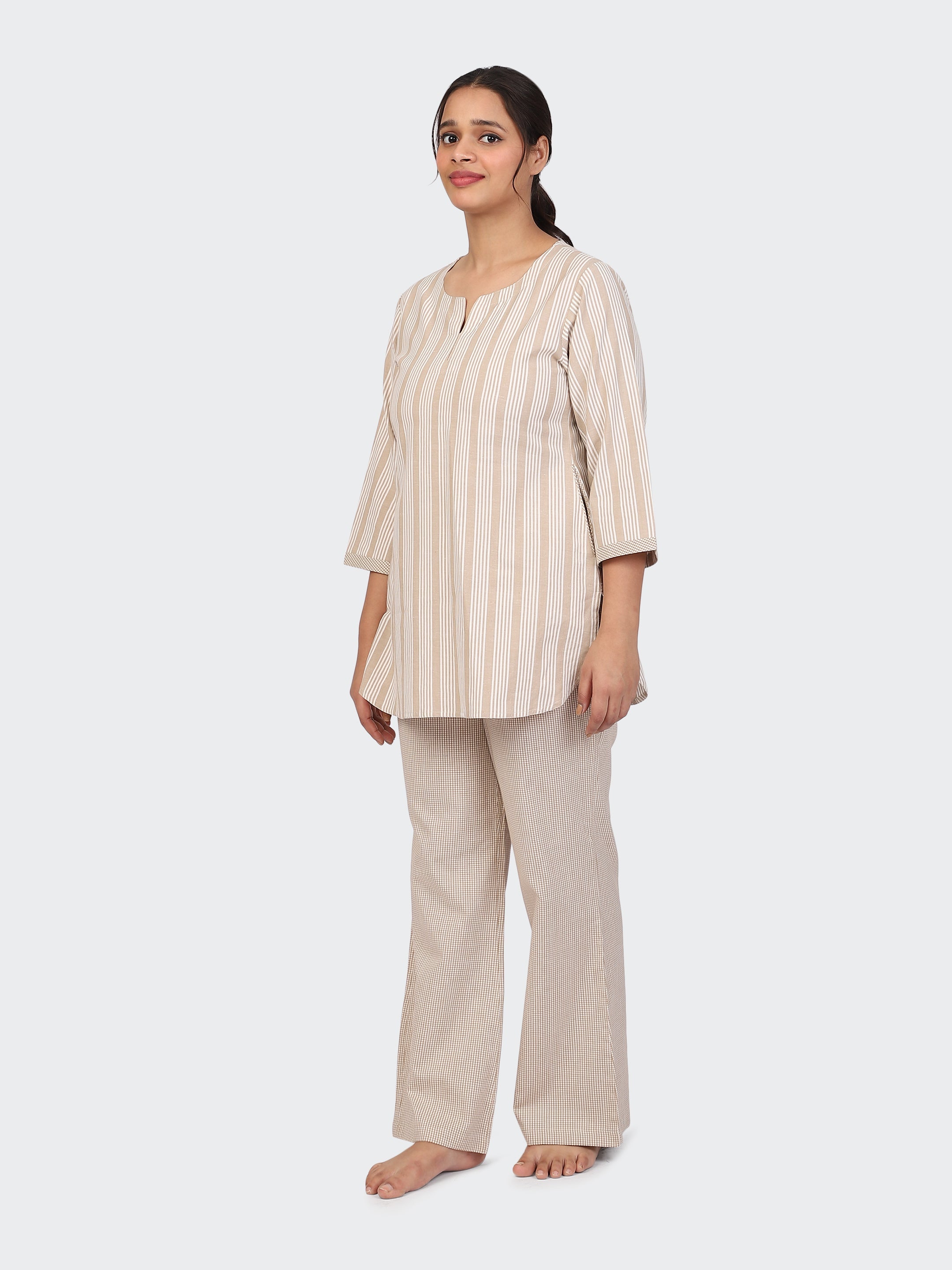 FINE COTTON COMFORTABLE CO-ORD SET-BEIGE