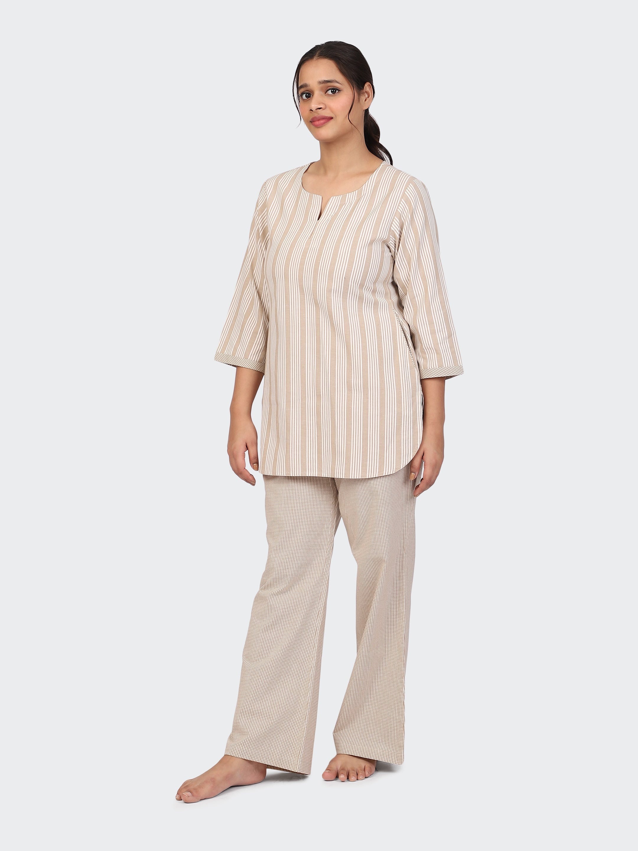 FINE COTTON COMFORTABLE CO-ORD SET-BEIGE