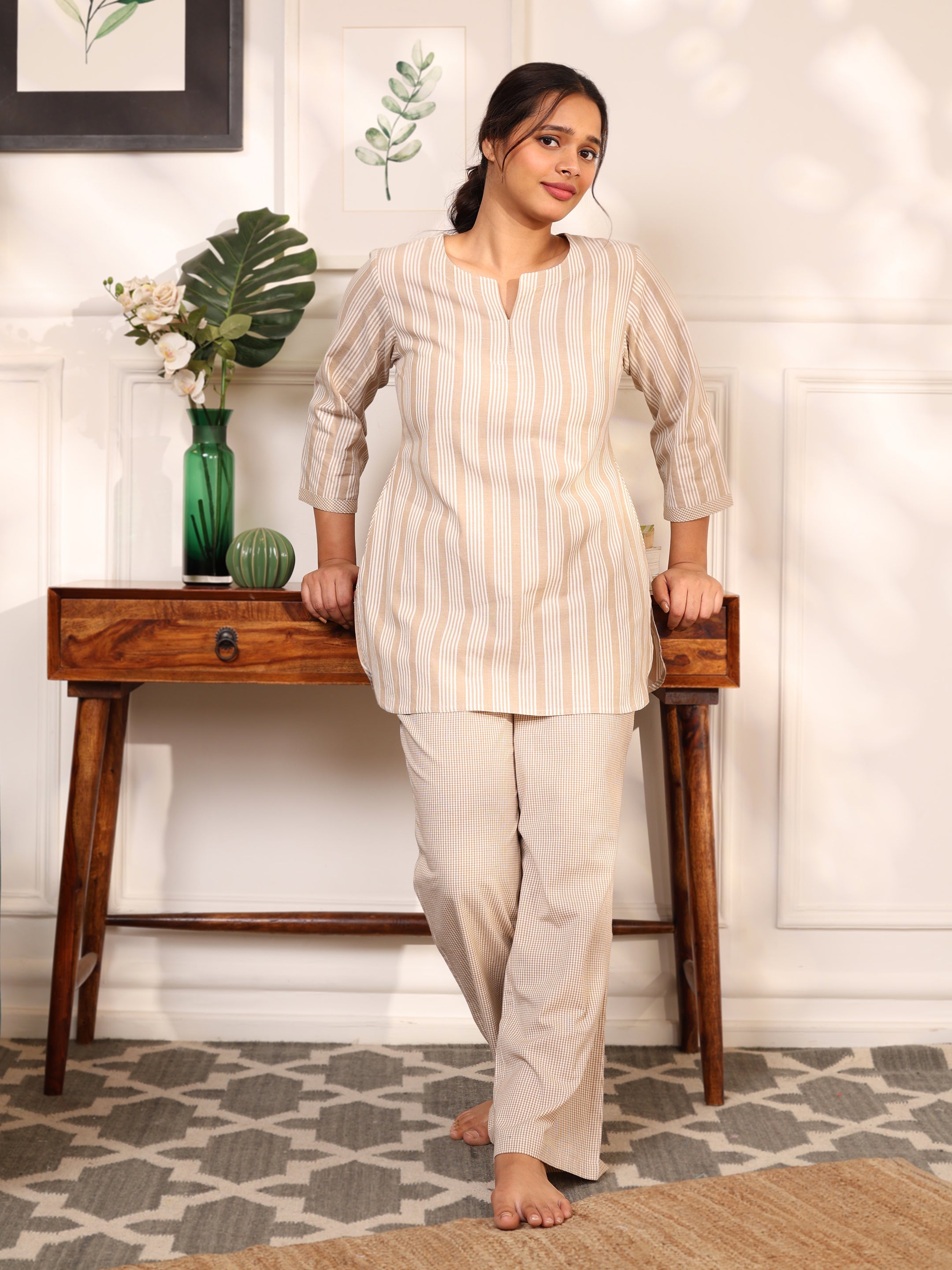 FINE COTTON COMFORTABLE CO-ORD SET-BEIGE